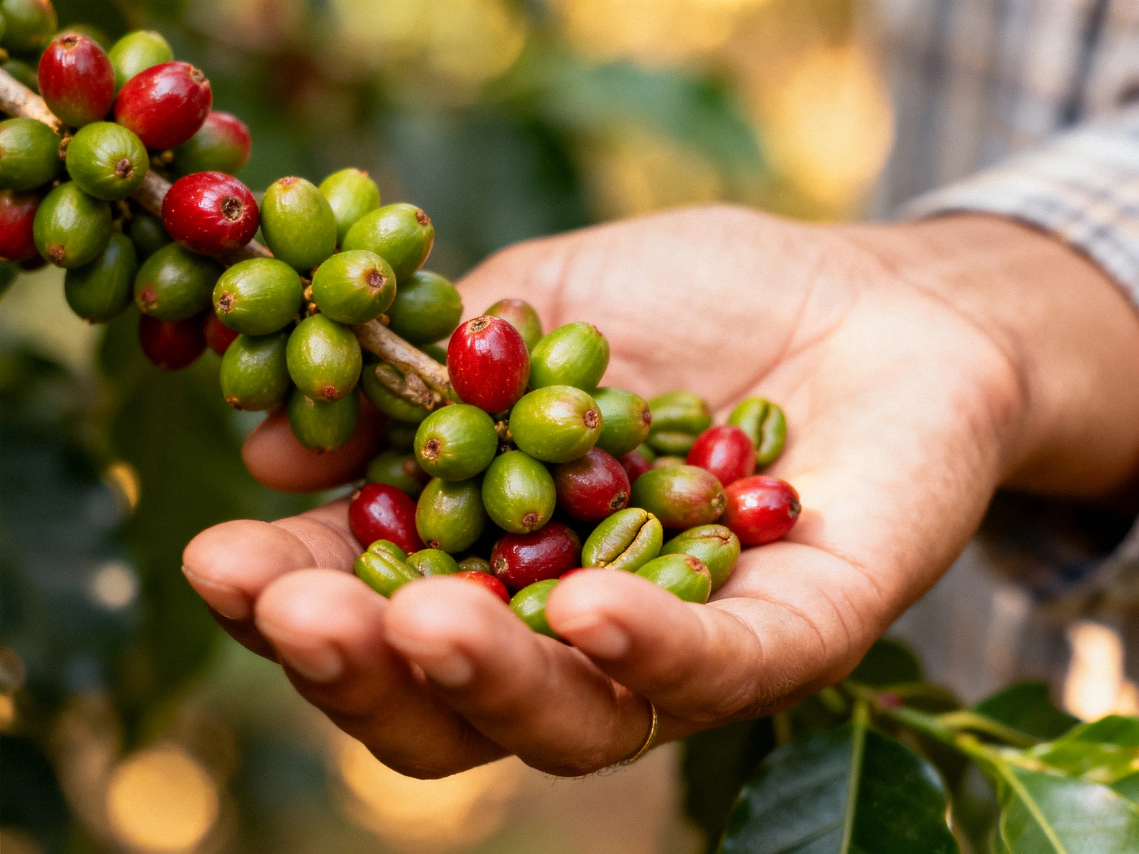 A hand holds vibrant red and green coffee cherries from a branch