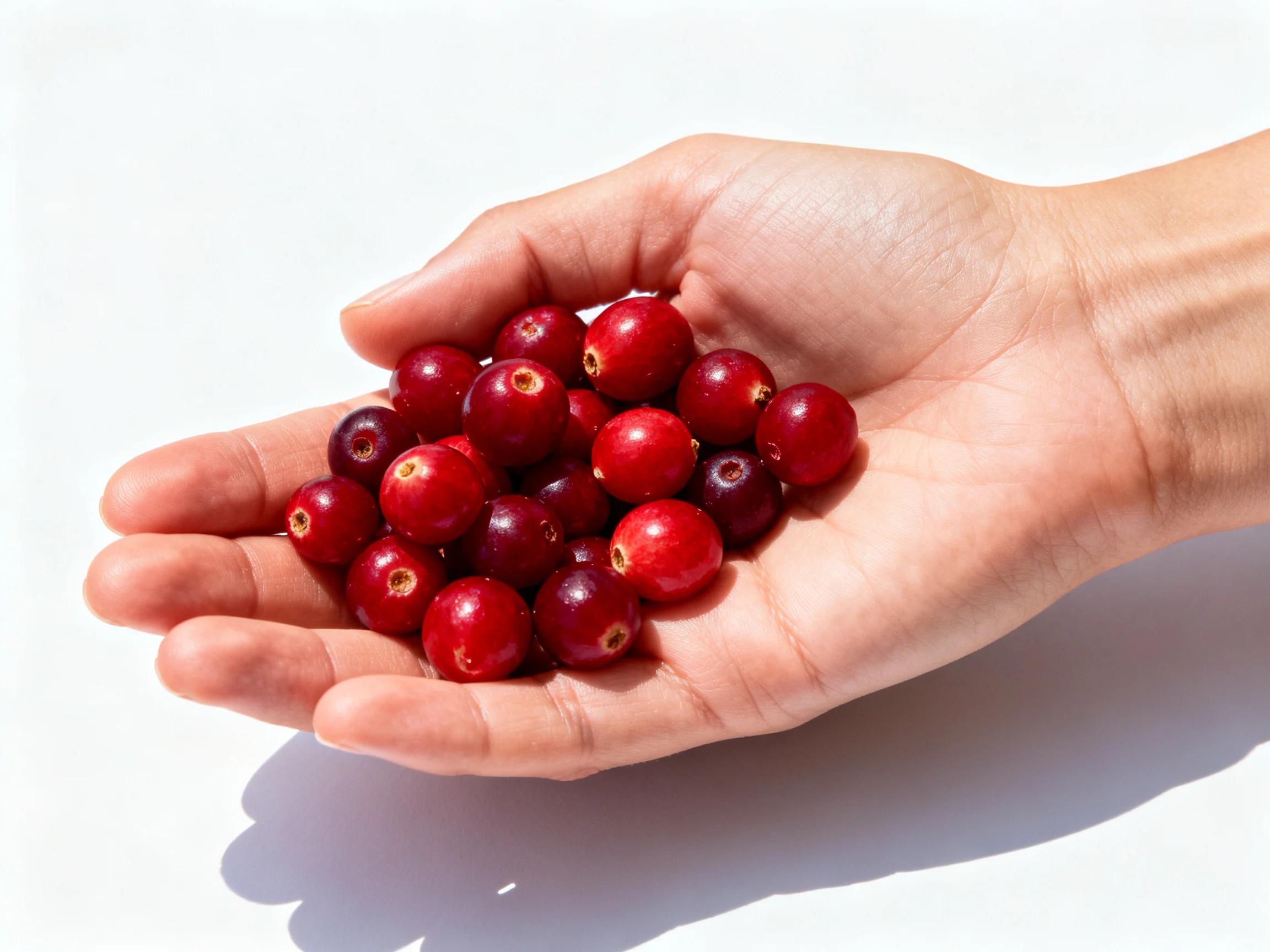 A hand holds vibrant red cranberries against a white backdrop