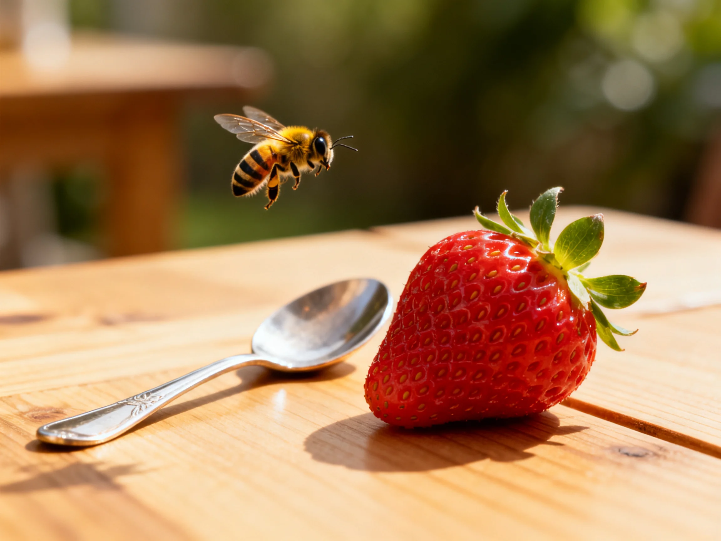 A honeybee hovers near a ripe strawberry and silver spoon on a wooden table
