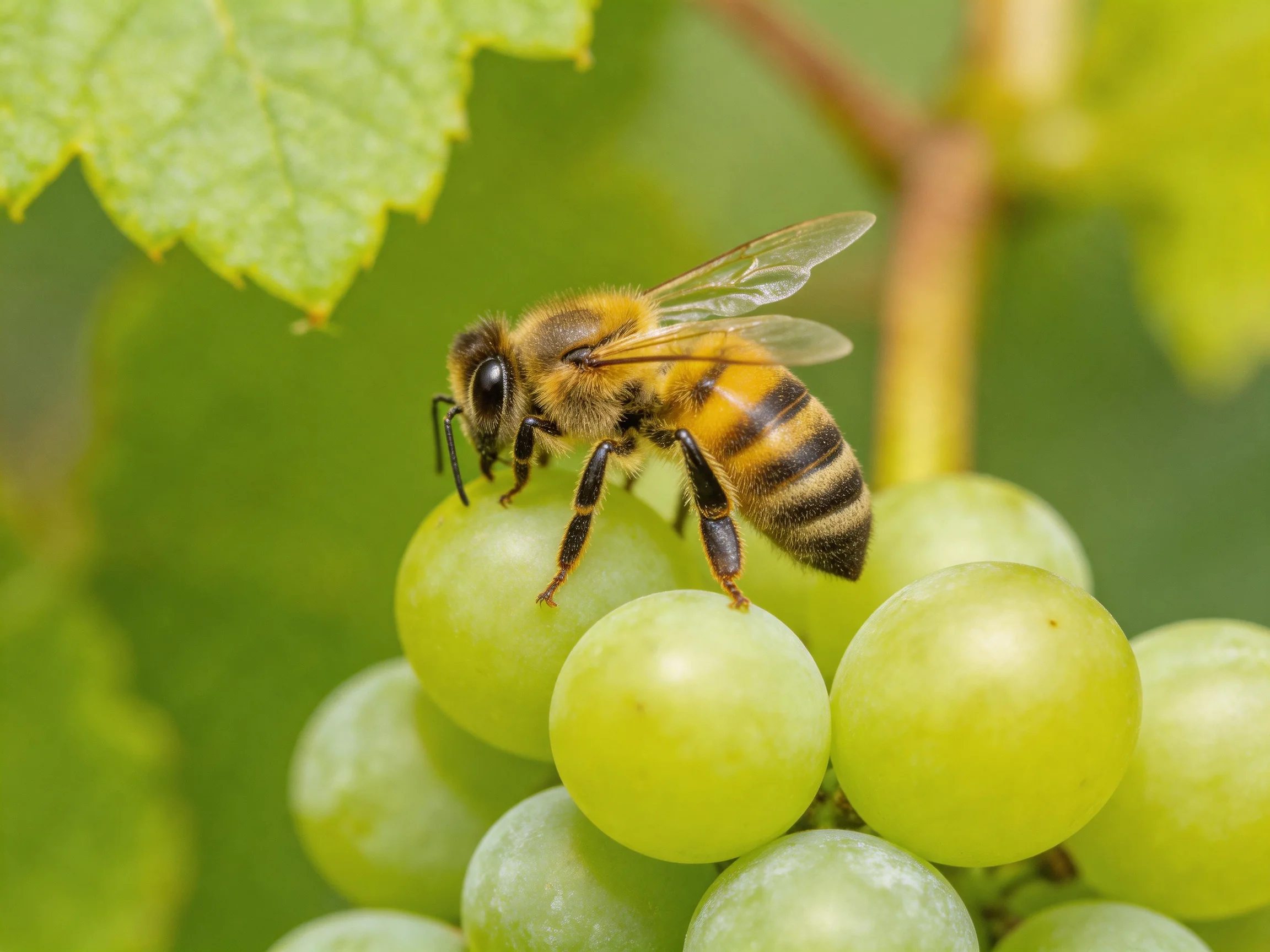 A honeybee resting on a cluster of green grapes near leafy vines