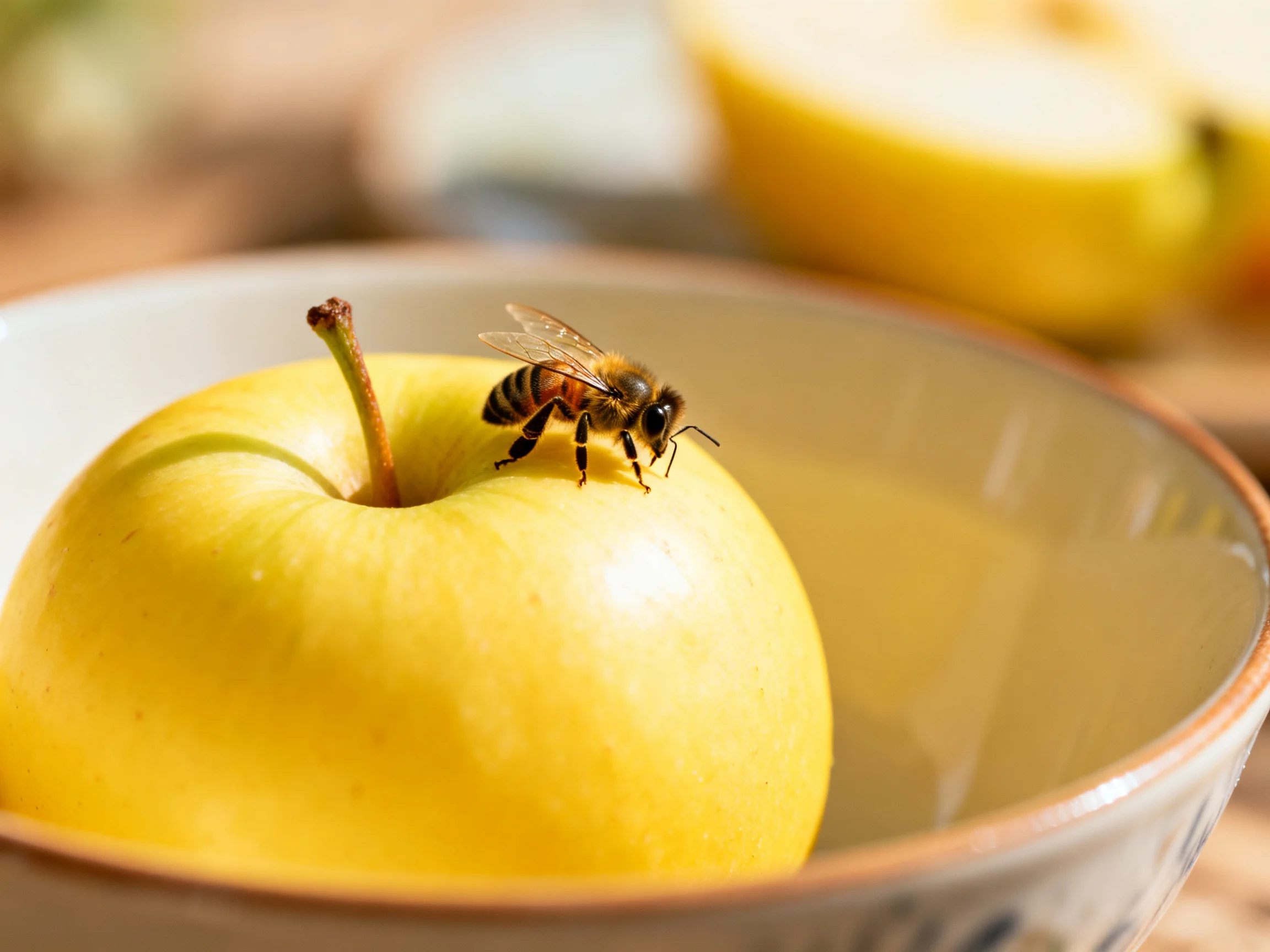 A honeybee rests on a bright yellow apple in a ceramic bowl