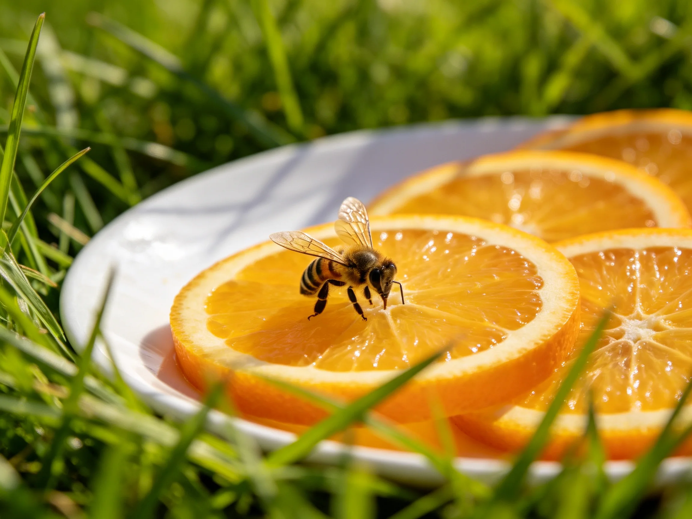 A honeybee rests on bright orange slices atop a white dish amid lush green grass