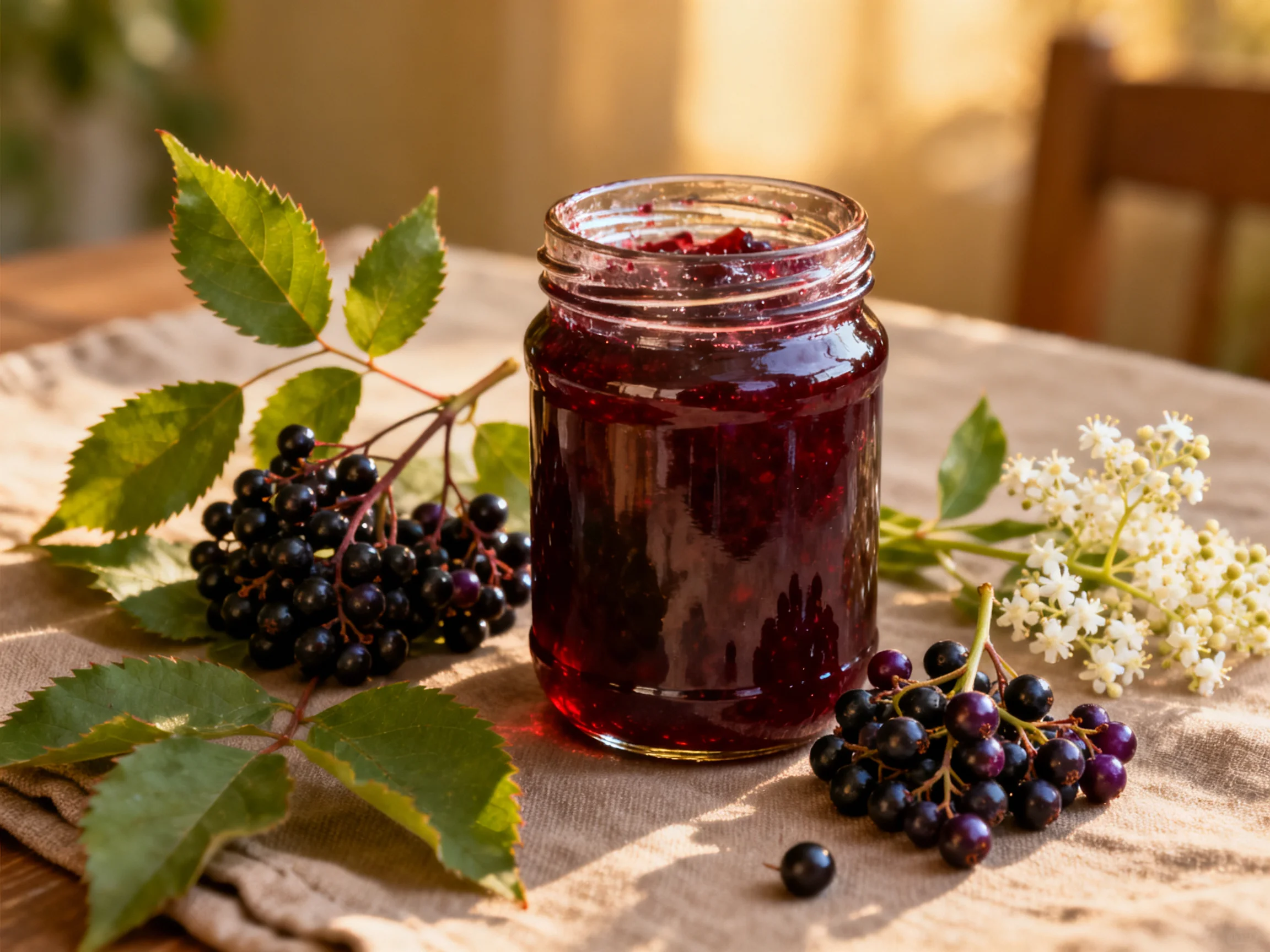 A jar of deep burgundy elderberry jam with fresh berries and flowers