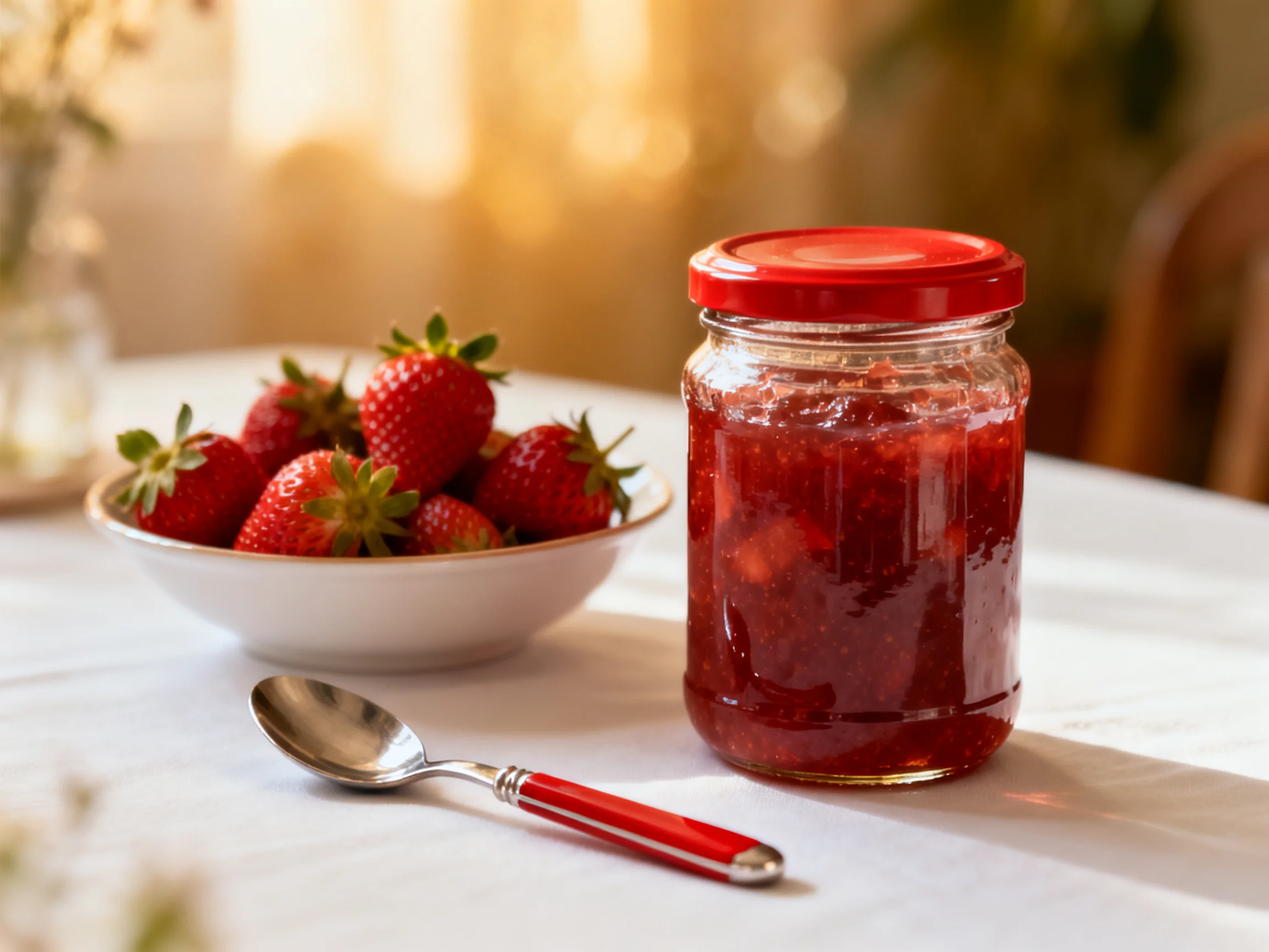 A jar of red strawberry jam near fresh strawberries on a white table