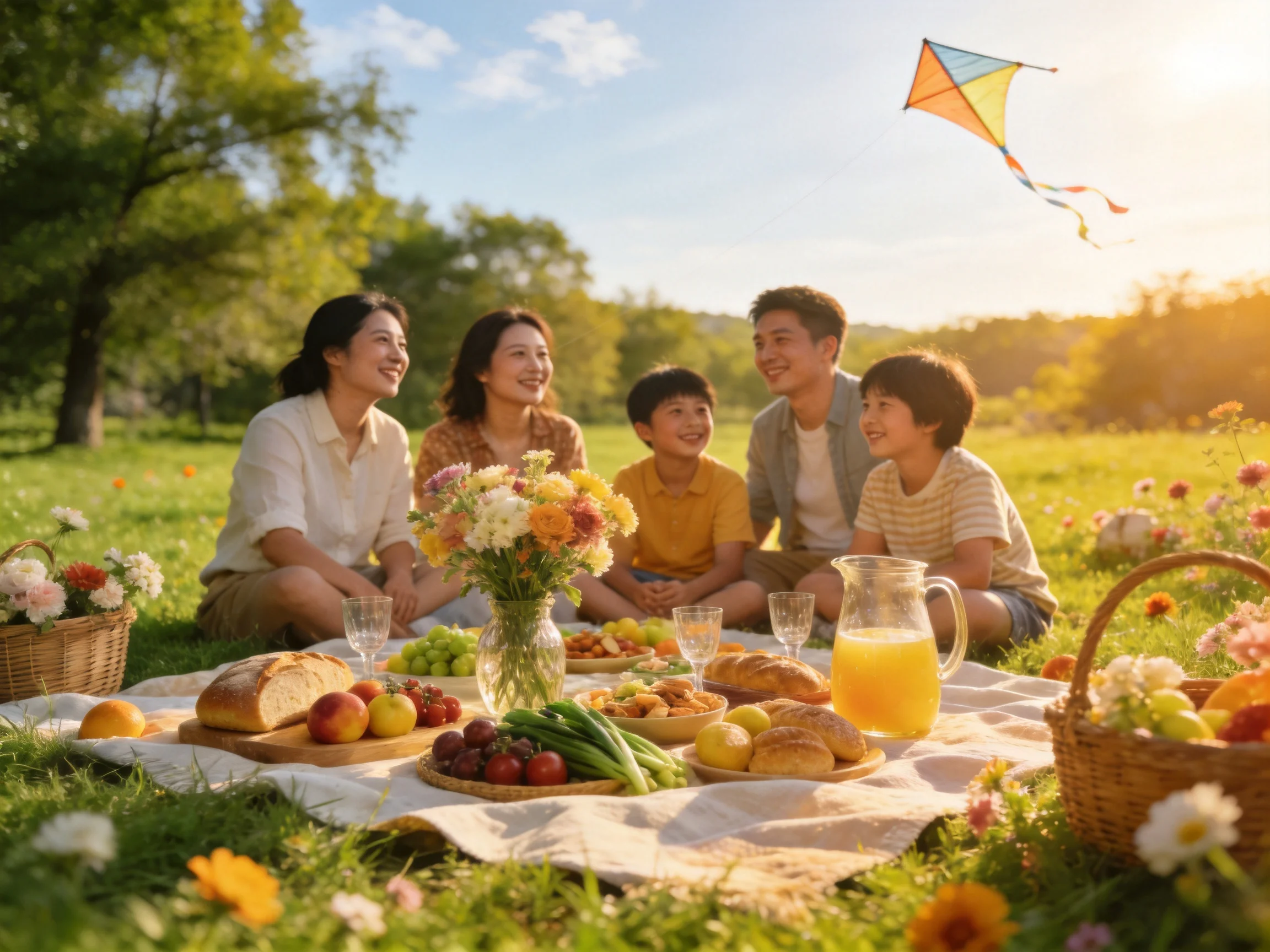 A joyful family picnic with fruits, bread, and flowers under sunny skies