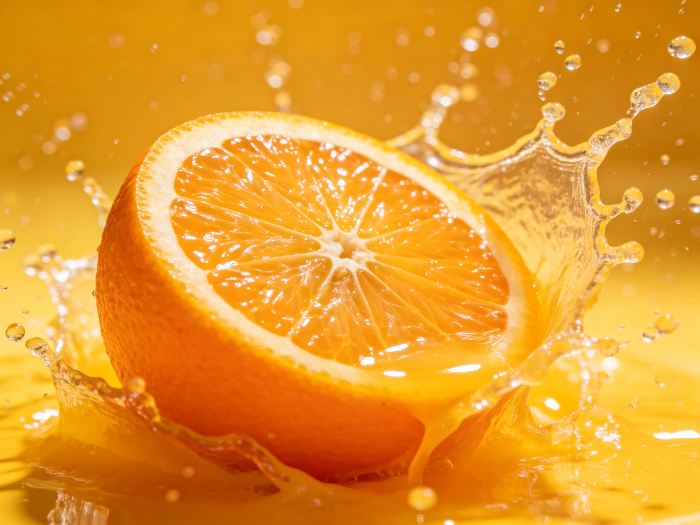 A juicy orange half splashing into liquid with sparkling droplets