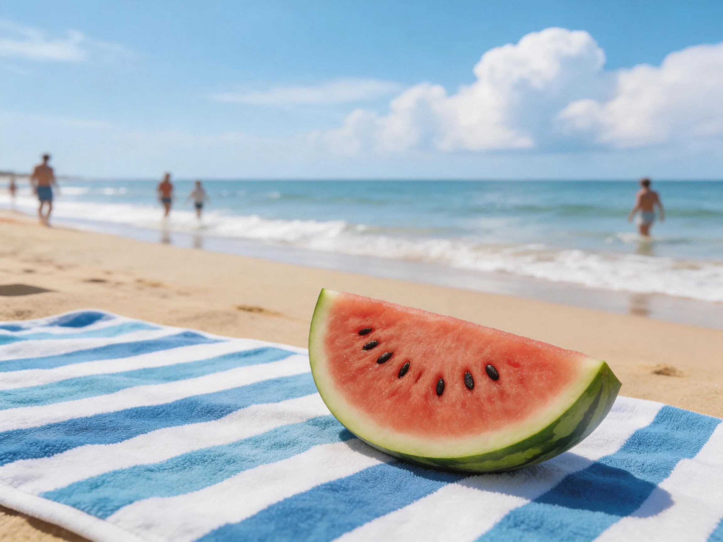 A juicy watermelon slice on a striped towel at a sunny beach