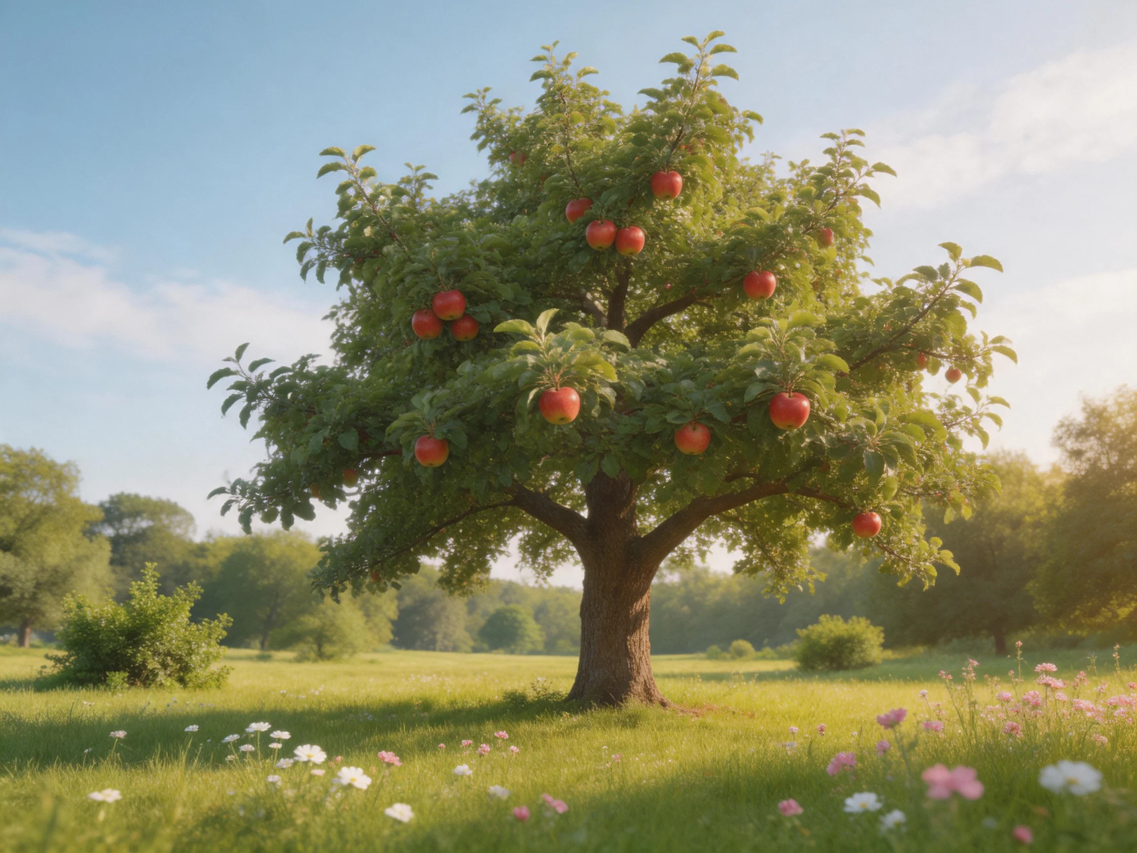 A large apple tree with red fruits in a sunlit meadow