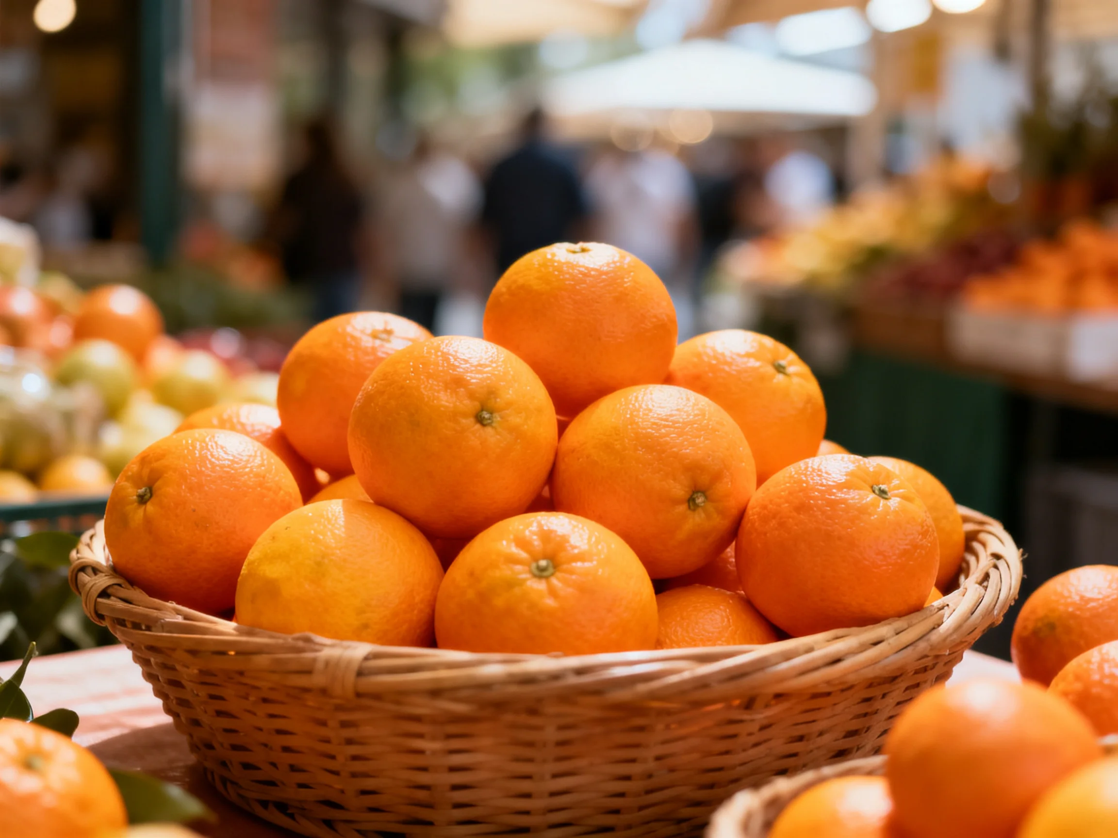 A large basket filled with bright oranges in a busy market