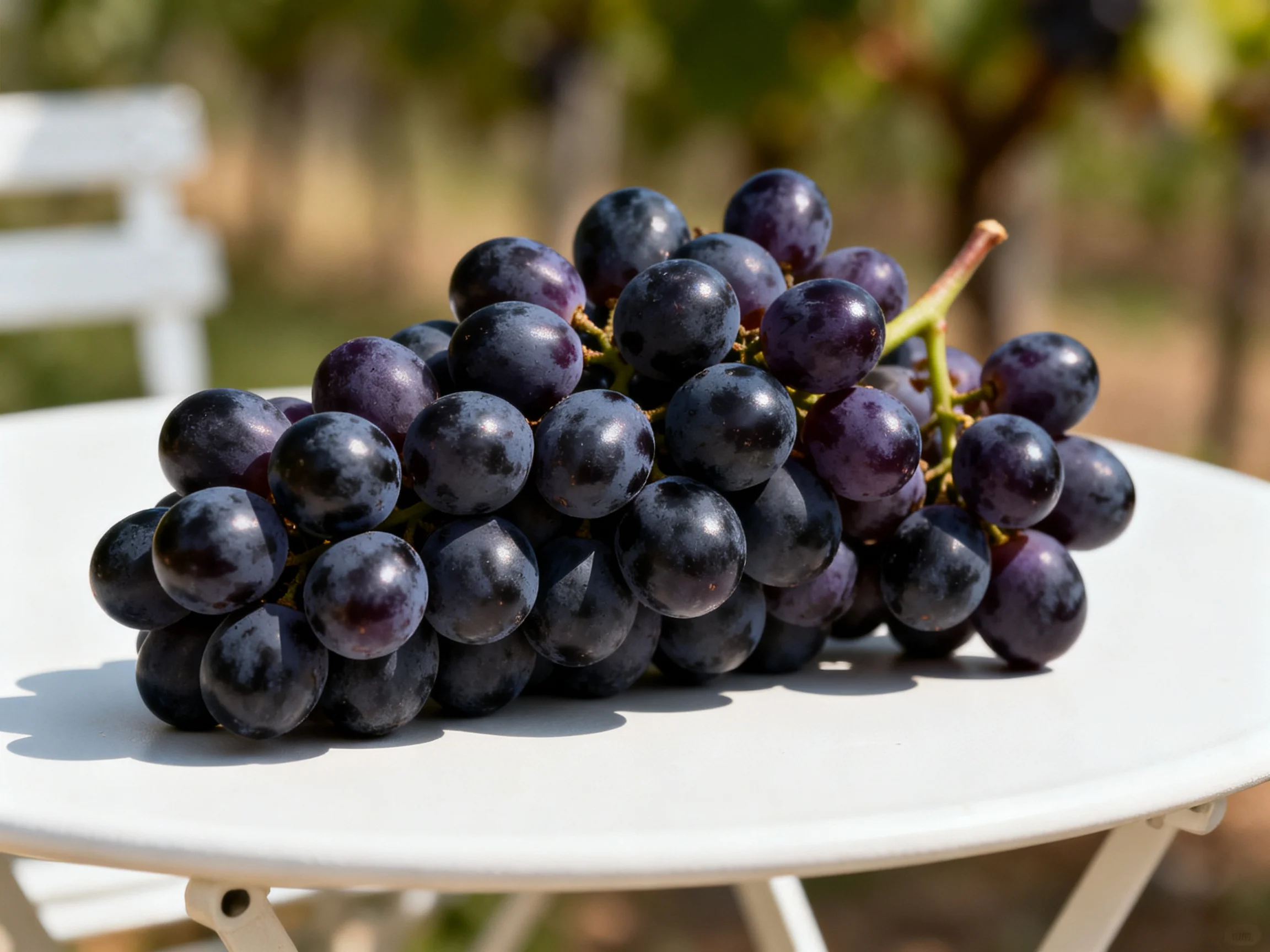 A large bunch of dark purple grapes placed on a white outdoor table