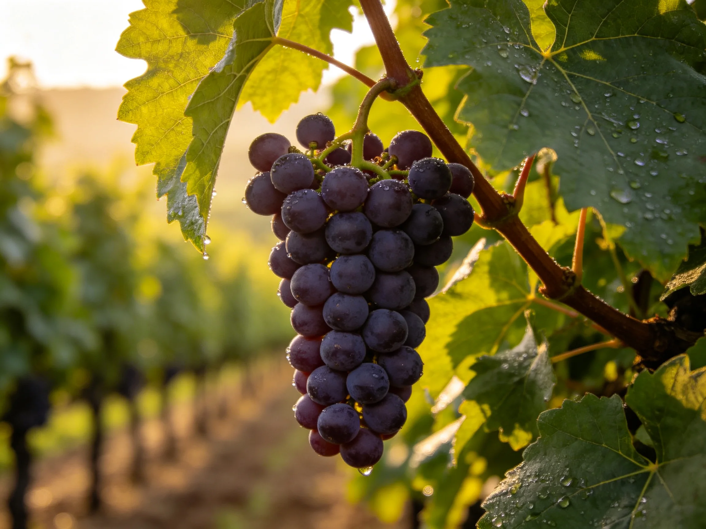 A large bunch of deep purple grapes hangs from a vine in a sunlit vineyard.