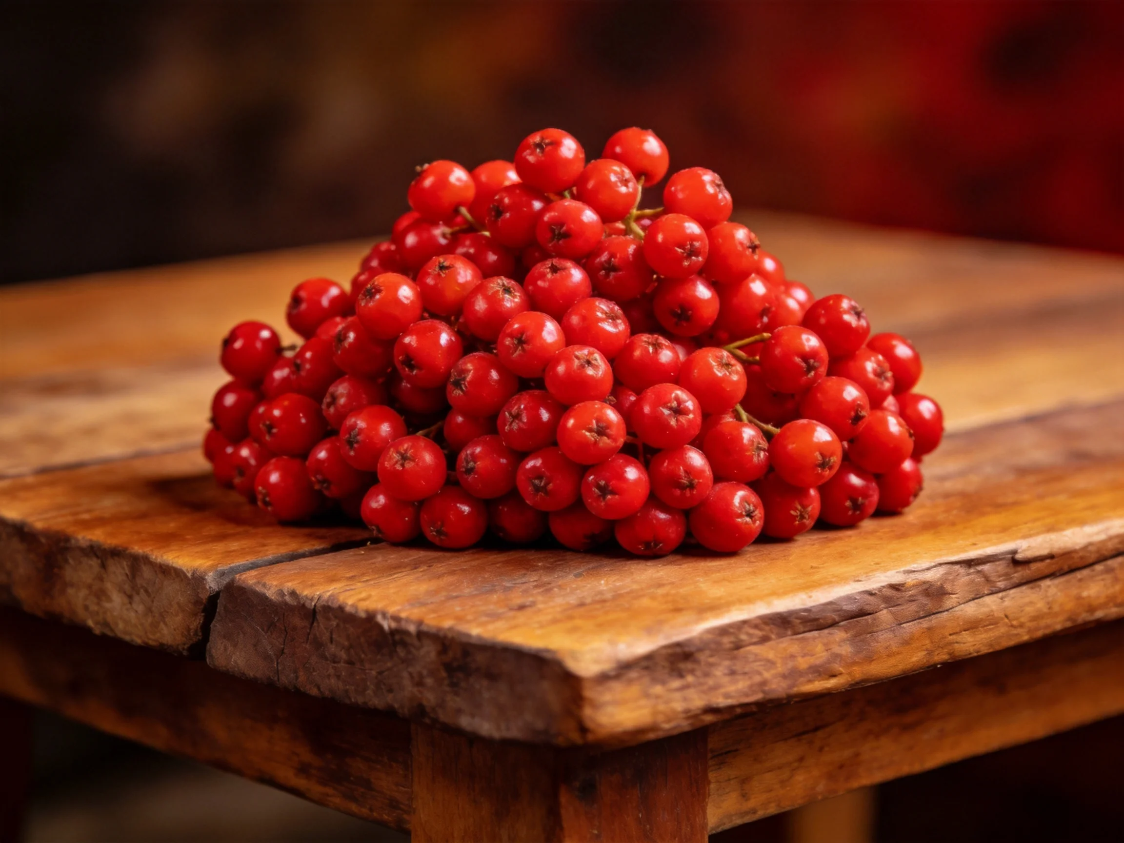 Bright red berries are clustered on a rustic wooden table.