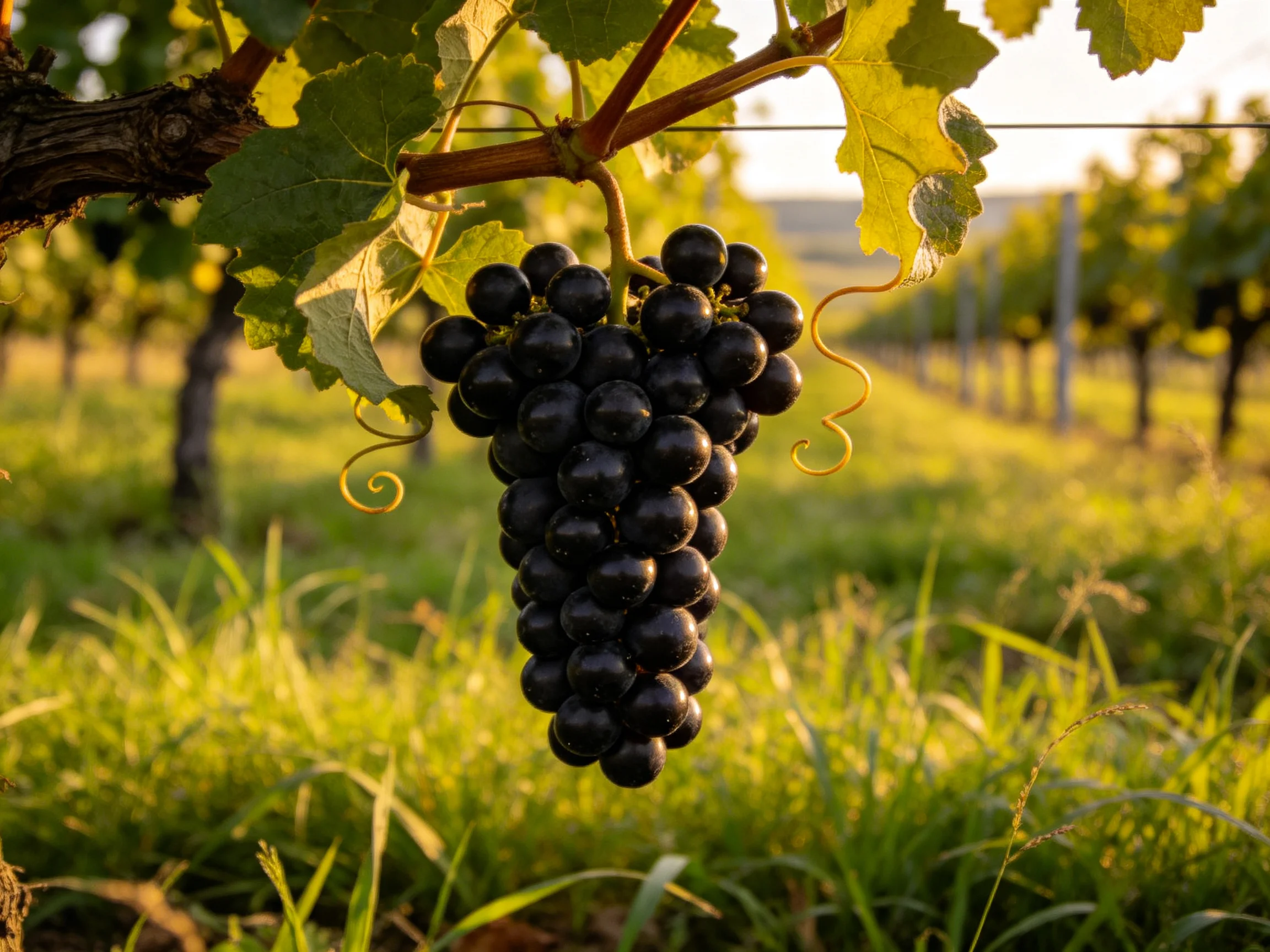 A large cluster of dark purple grapes in a sunlit vineyard