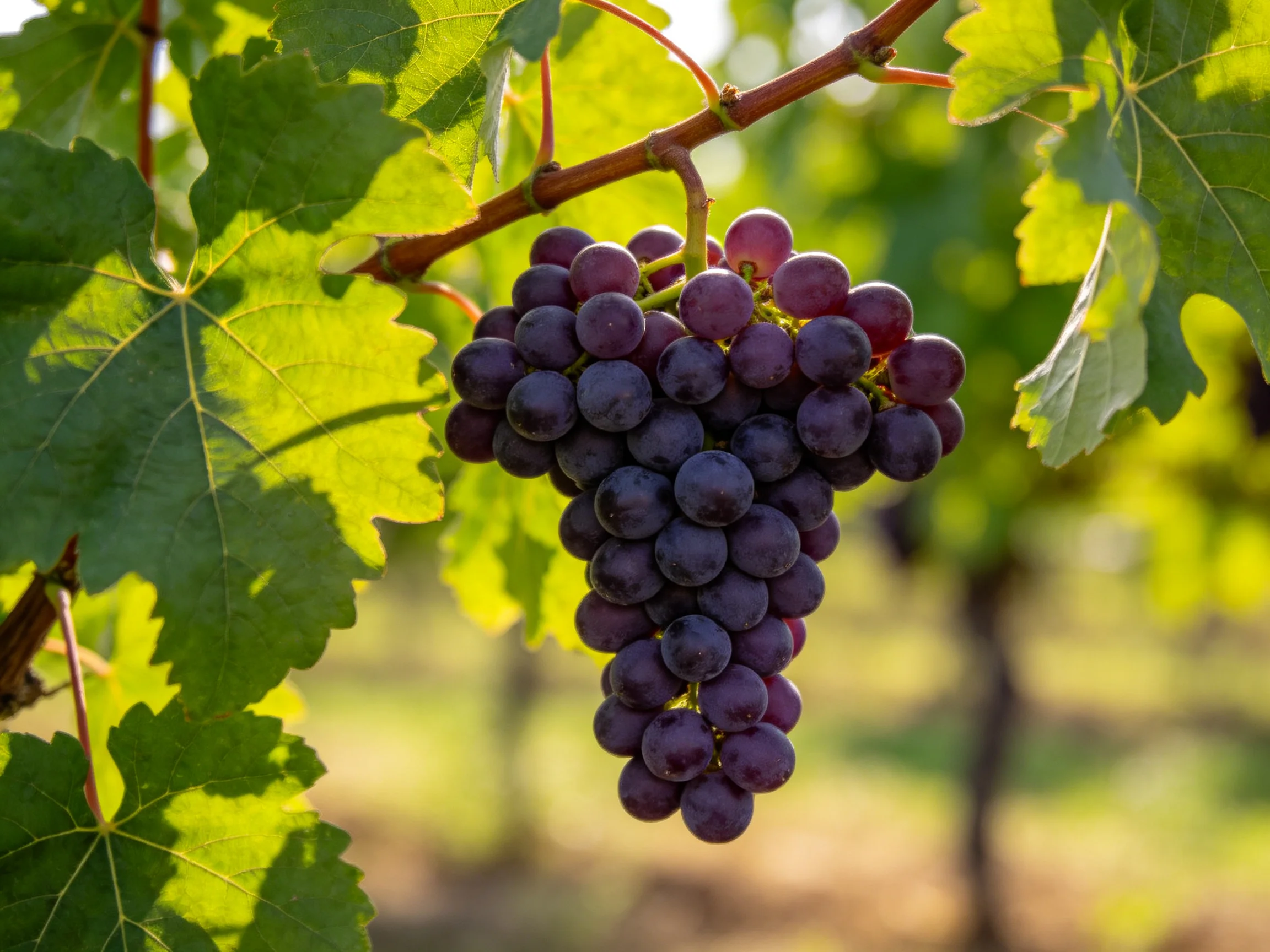 A large cluster of deep purple grapes hangs from a vine