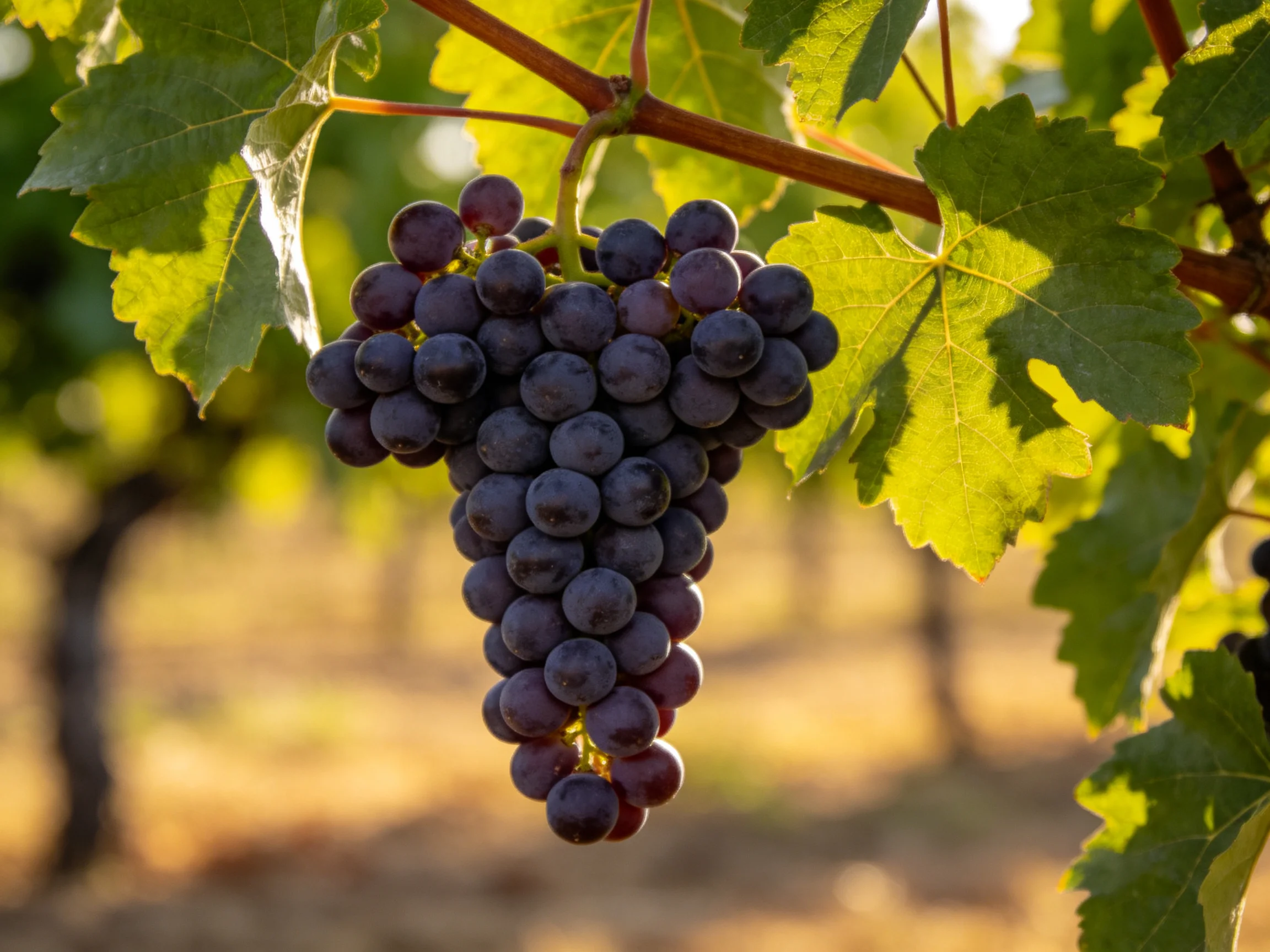 A large cluster of deep purple grapes hangs from a vine in a sunlit vineyard