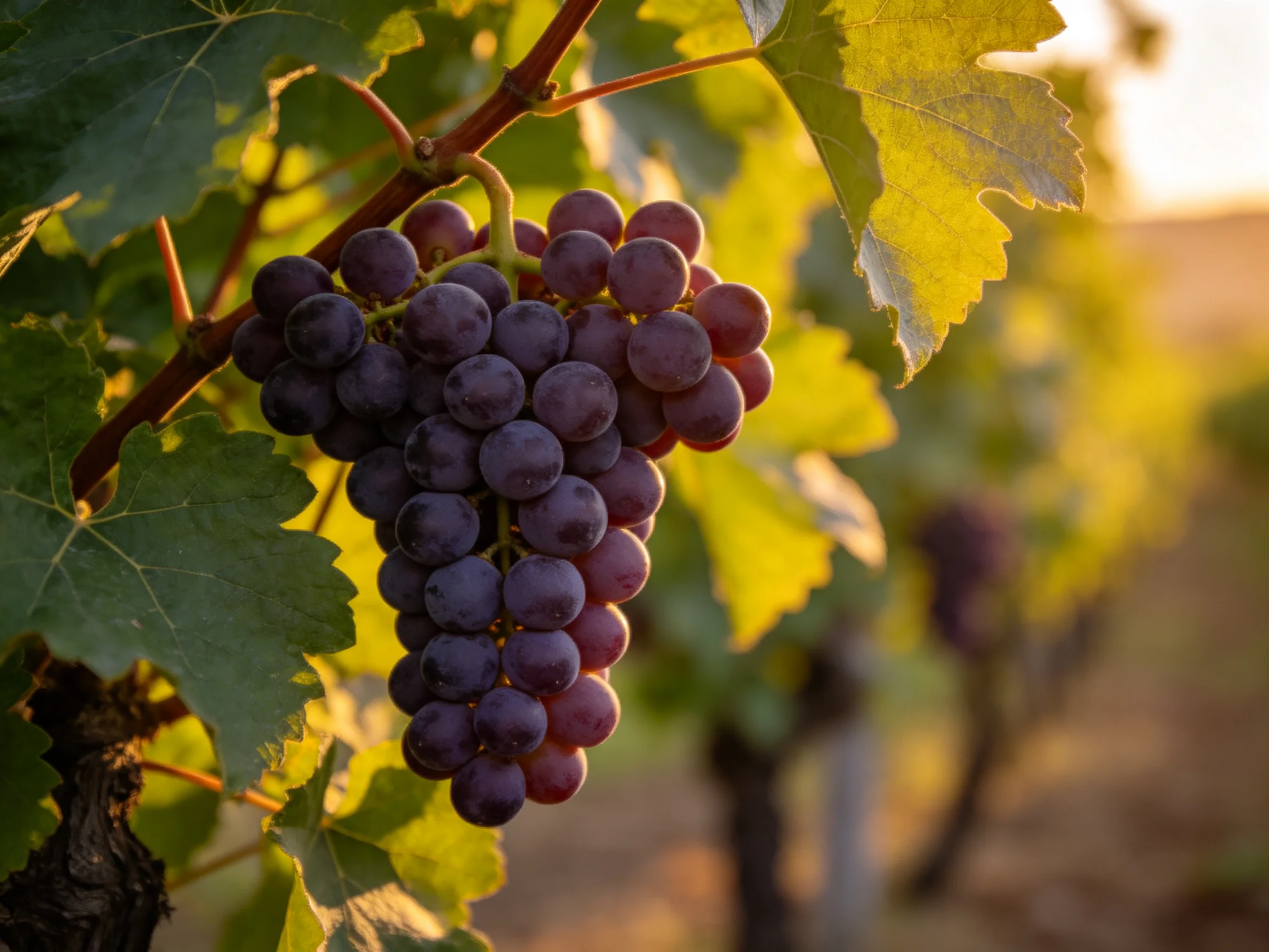 A large cluster of deep purple grapes hangs from a vine in golden sunlight