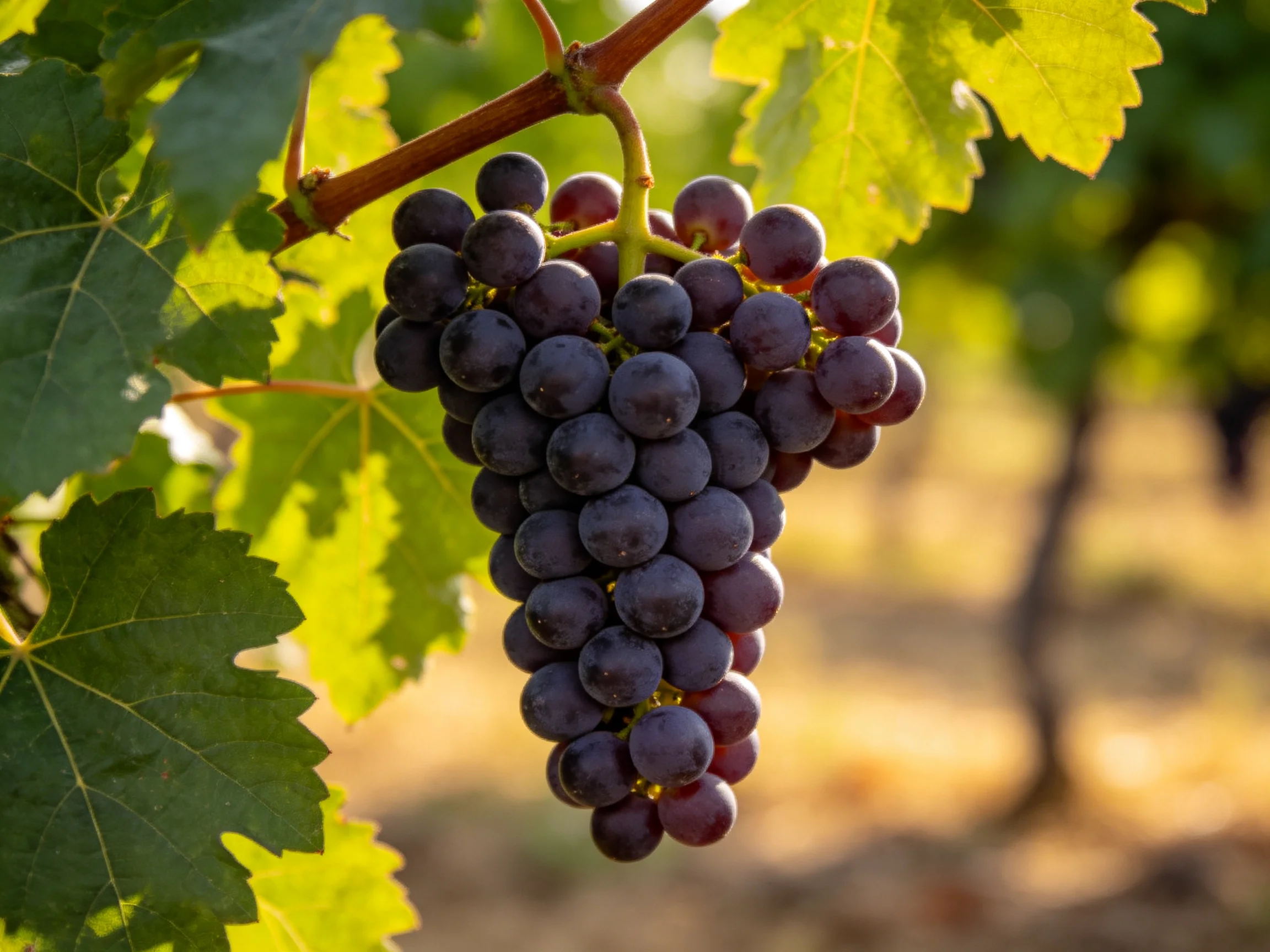 A large cluster of deep purple grapes hangs from a vine