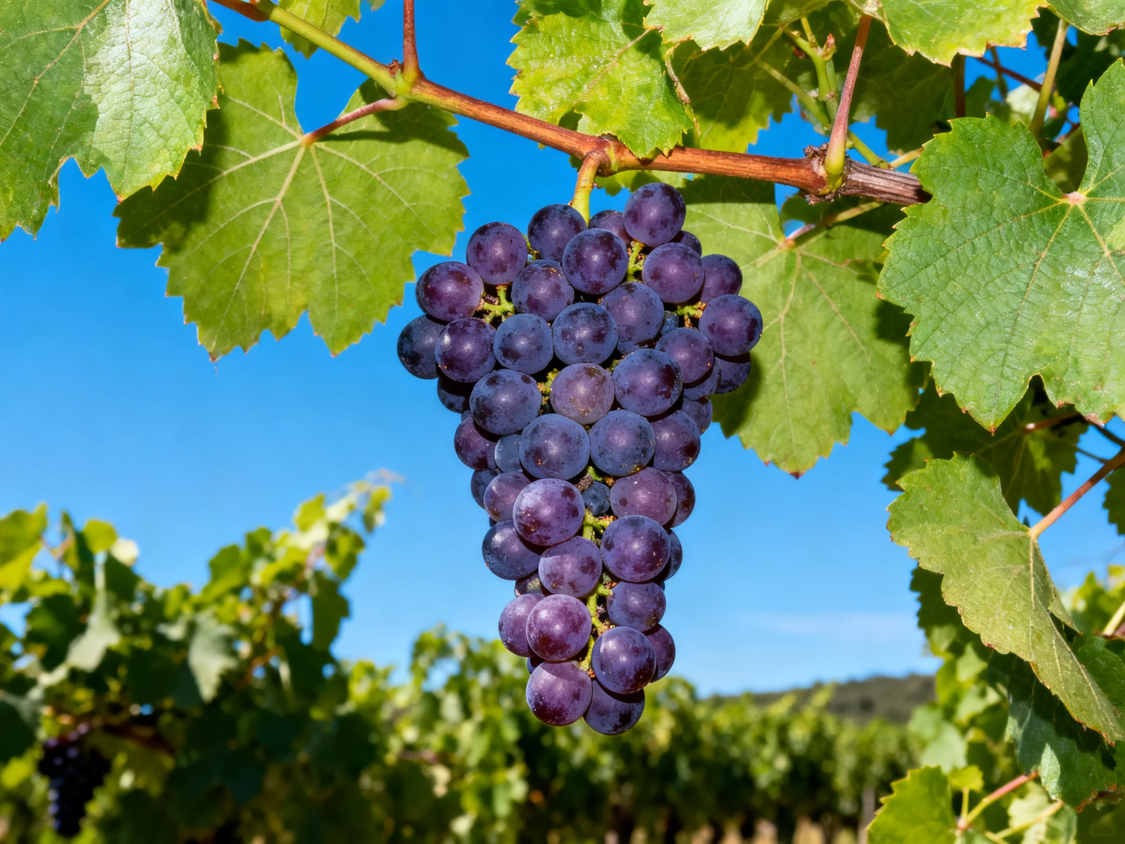 A large cluster of deep purple grapes hangs from a vine with green foliage