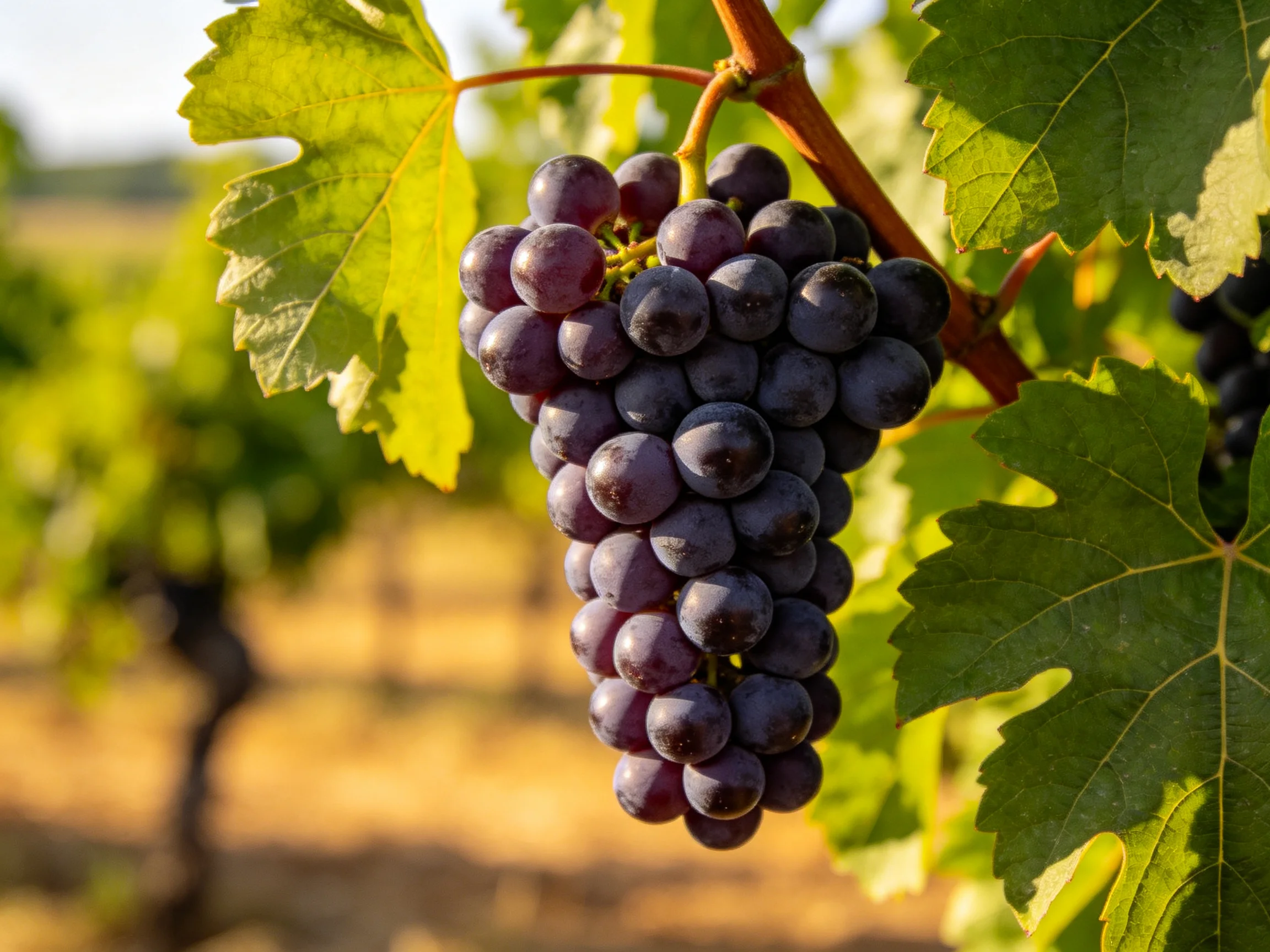 A large cluster of deep purple grapes hangs from green grapevine branches