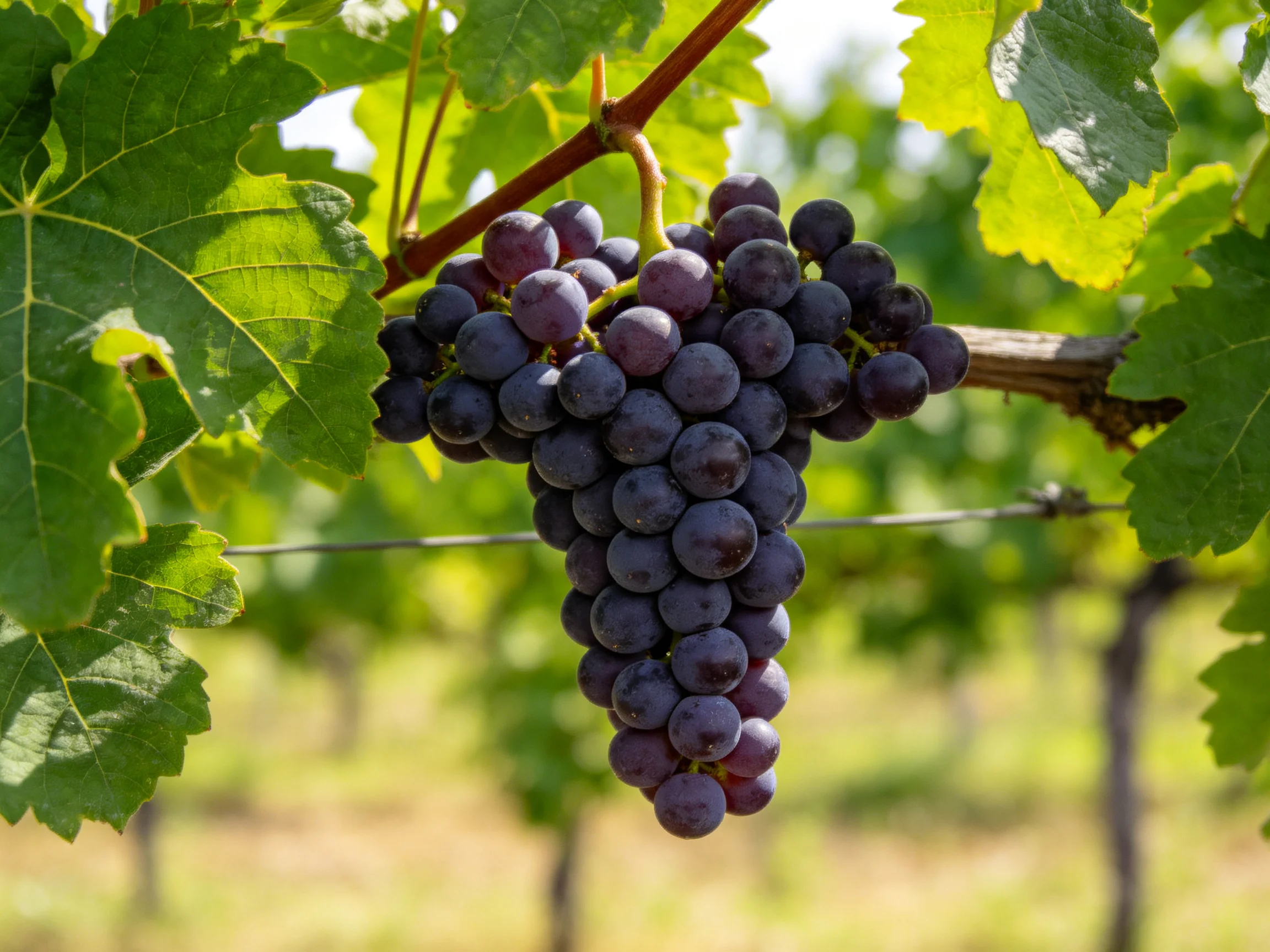 A large cluster of deep purple grapes hangs from thick green vines