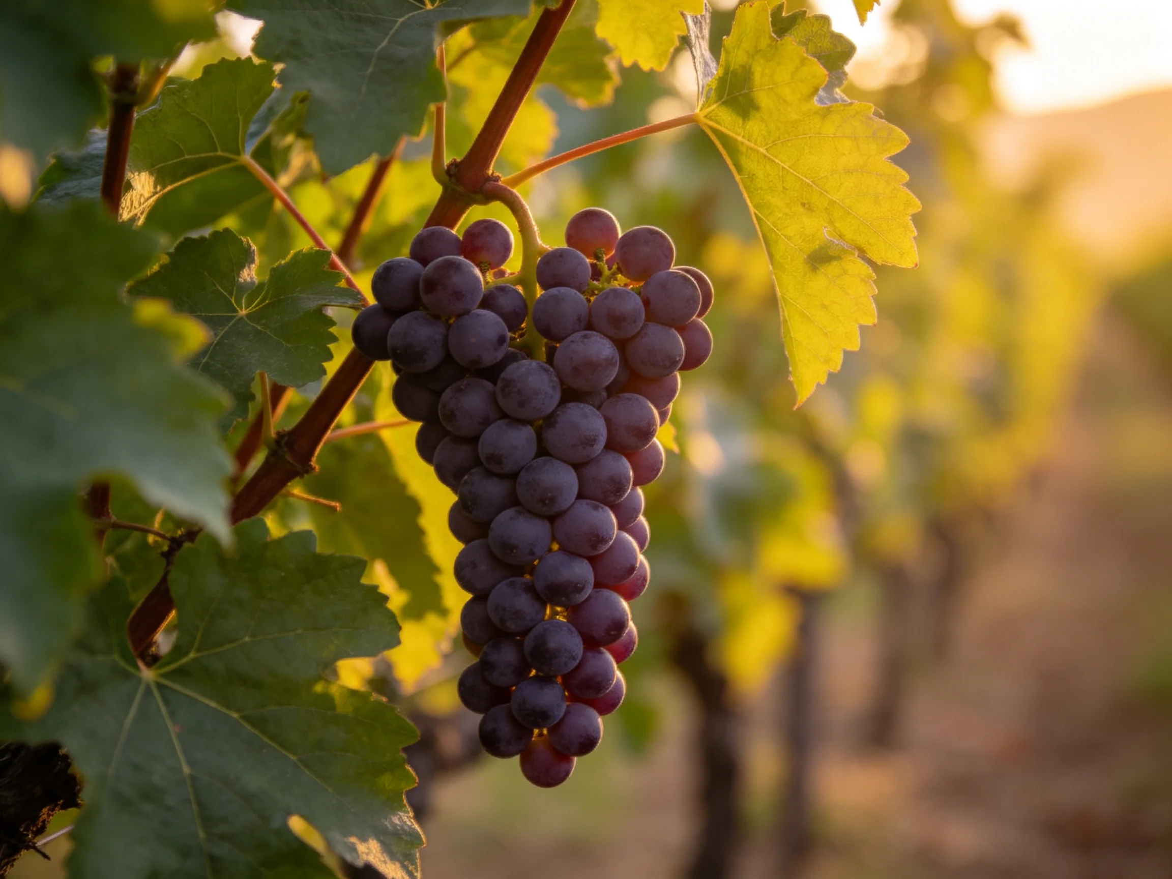A large cluster of deep purple grapes hangs on a vine with green leaves in golden sunlight