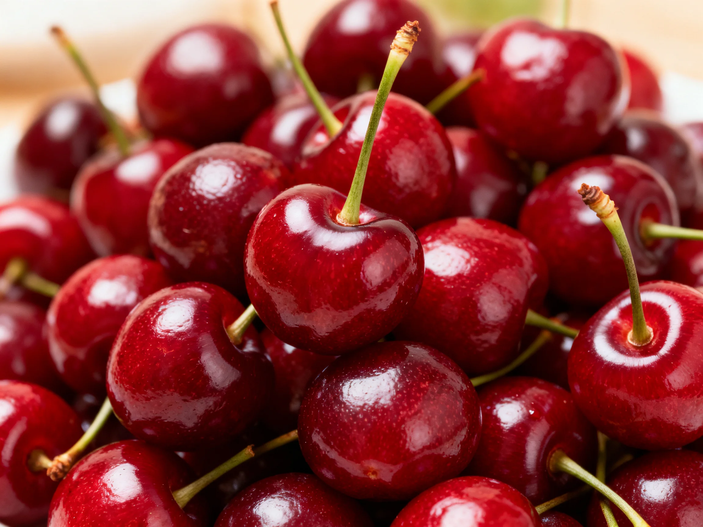 A large cluster of glossy deep-red cherries with green stems