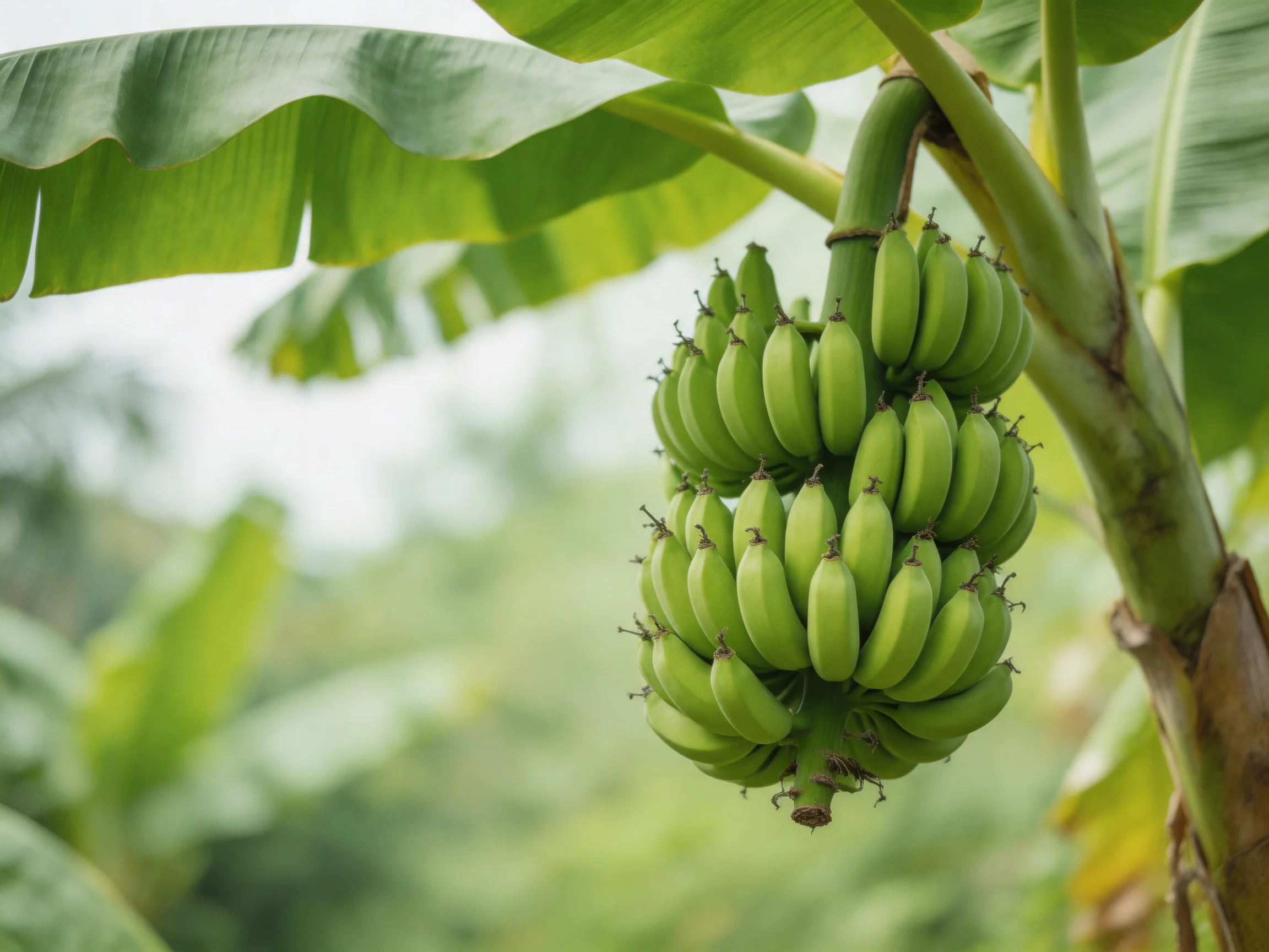 A large cluster of unripe green bananas hangs from a banana tree.