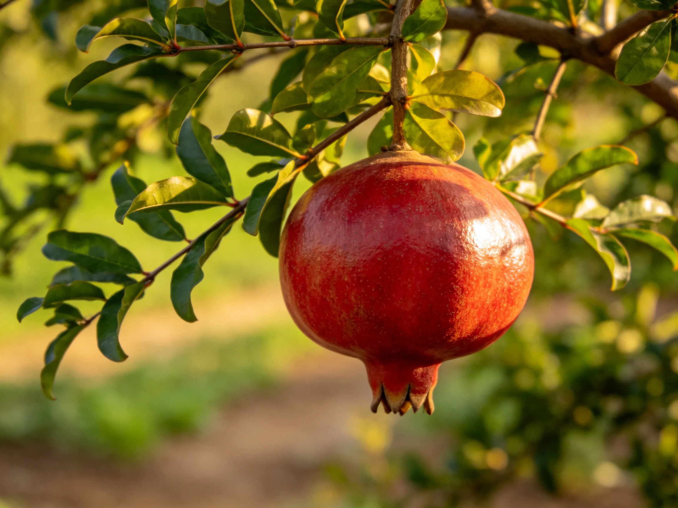 A large, glossy red pomegranate hangs from a leafy branch