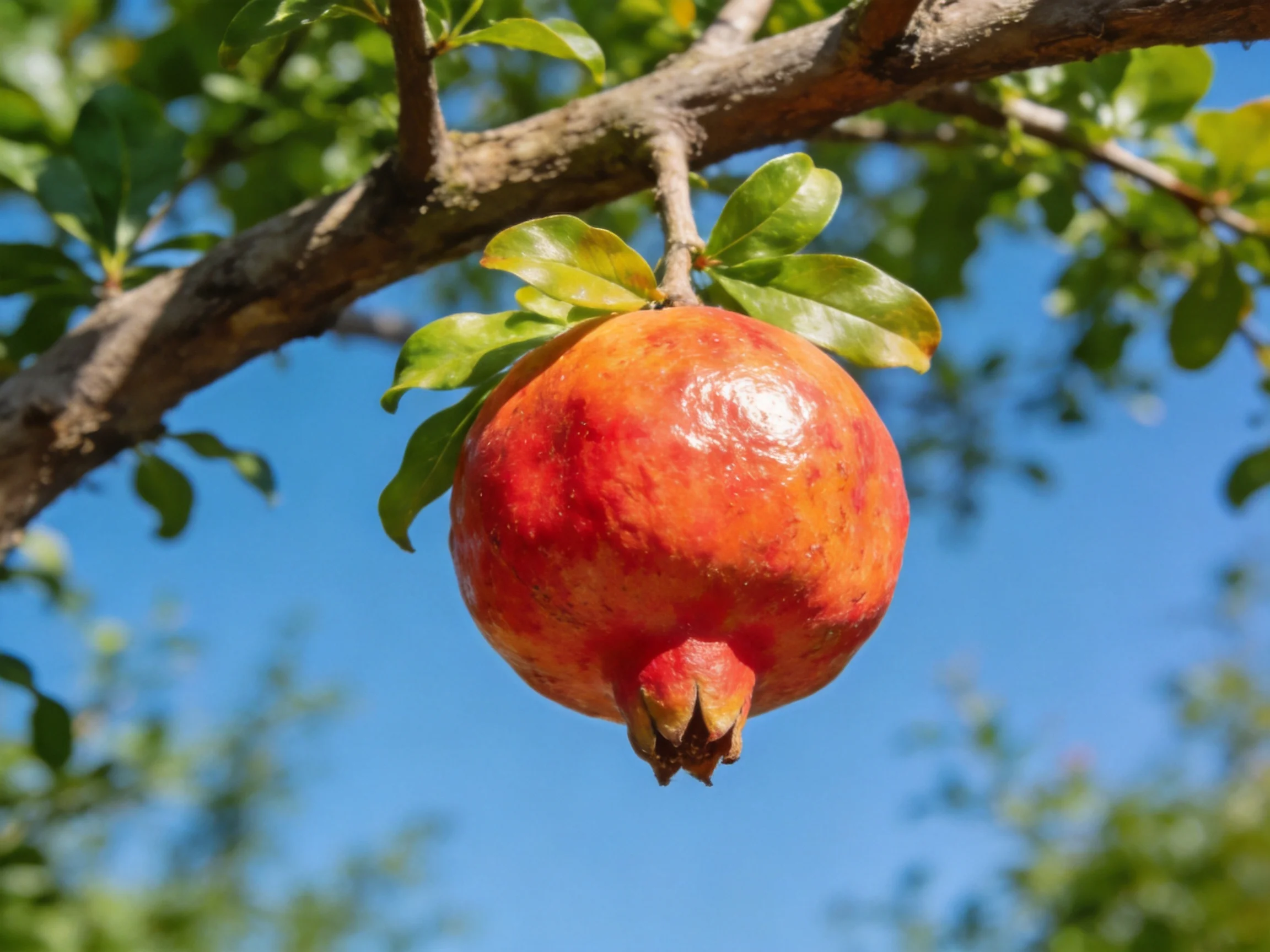 A large, glossy red pomegranate hangs from a tree branch with green leaves