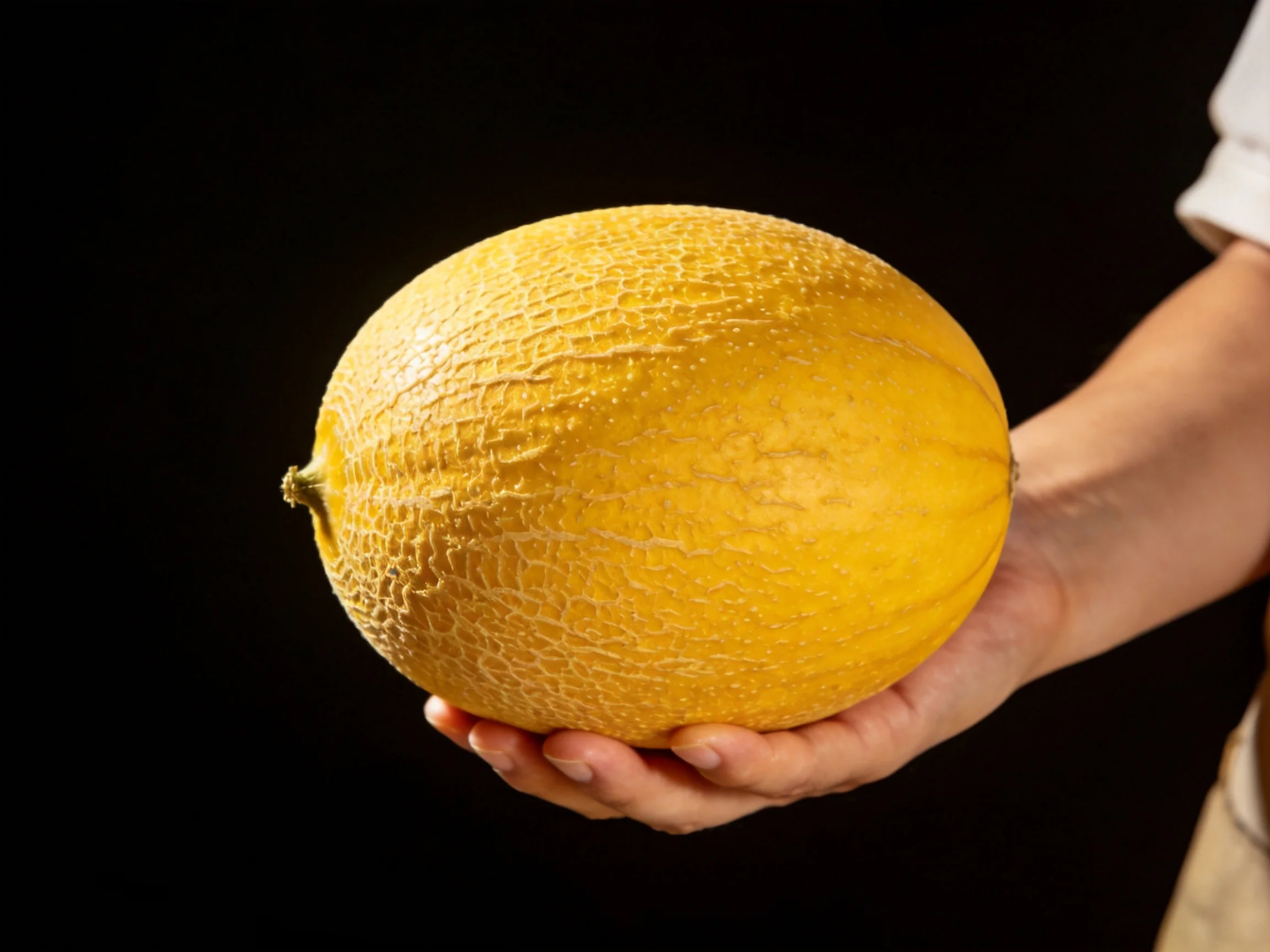 A large golden-yellow melon cradled in a persons hand against a dark backdrop