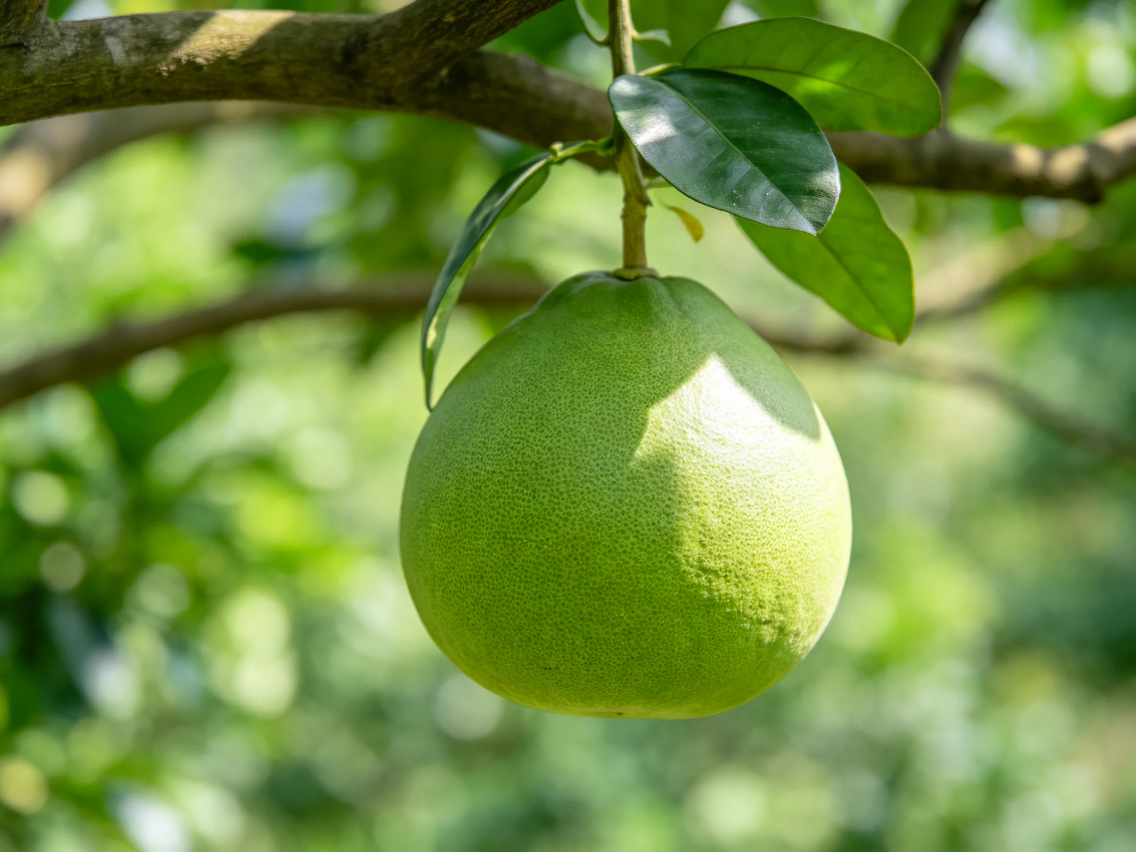 A large green citrus fruit hanging from a tree branch