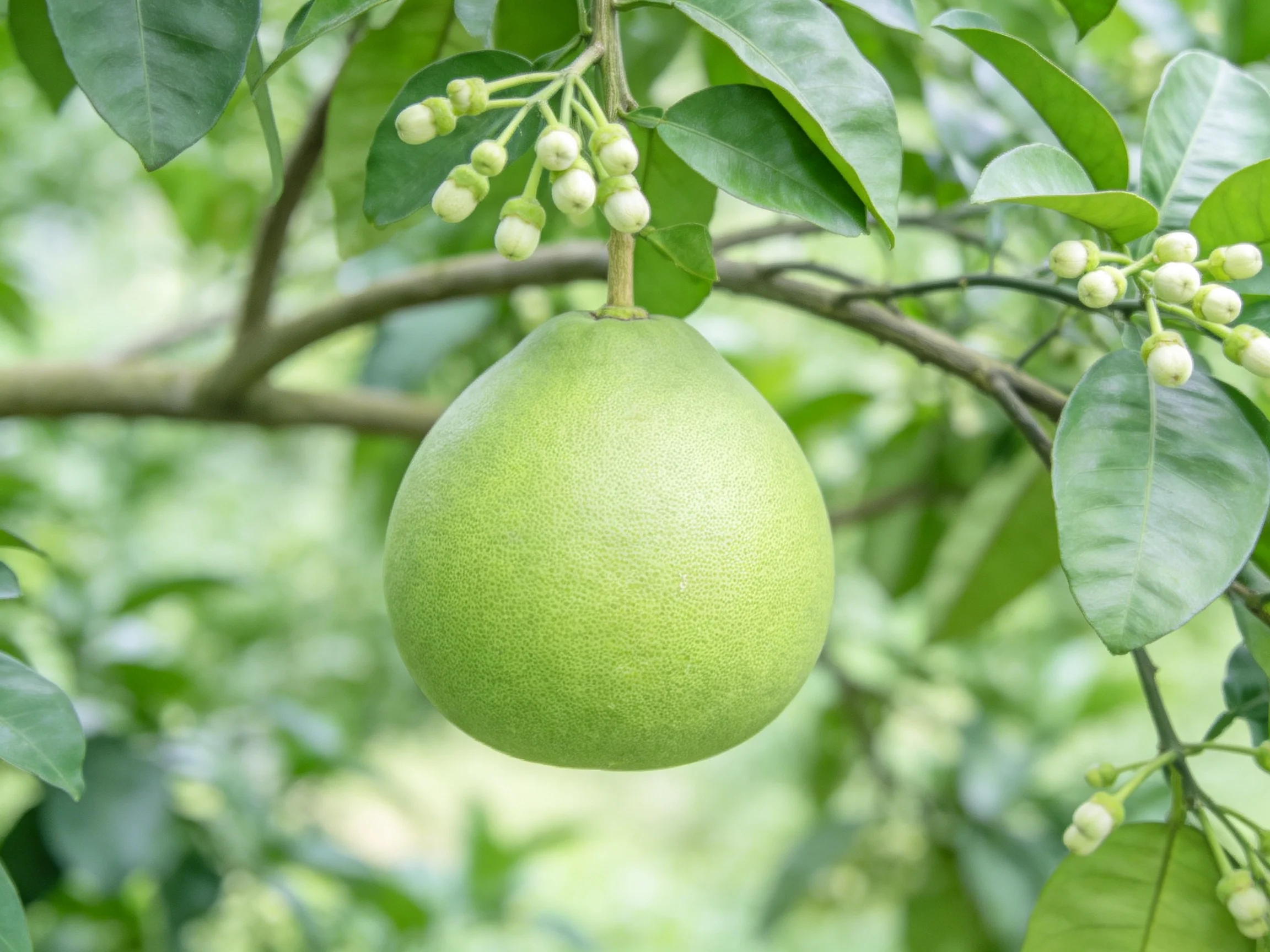 A large green citrus fruit hangs among small white flower buds and broad green leaves
