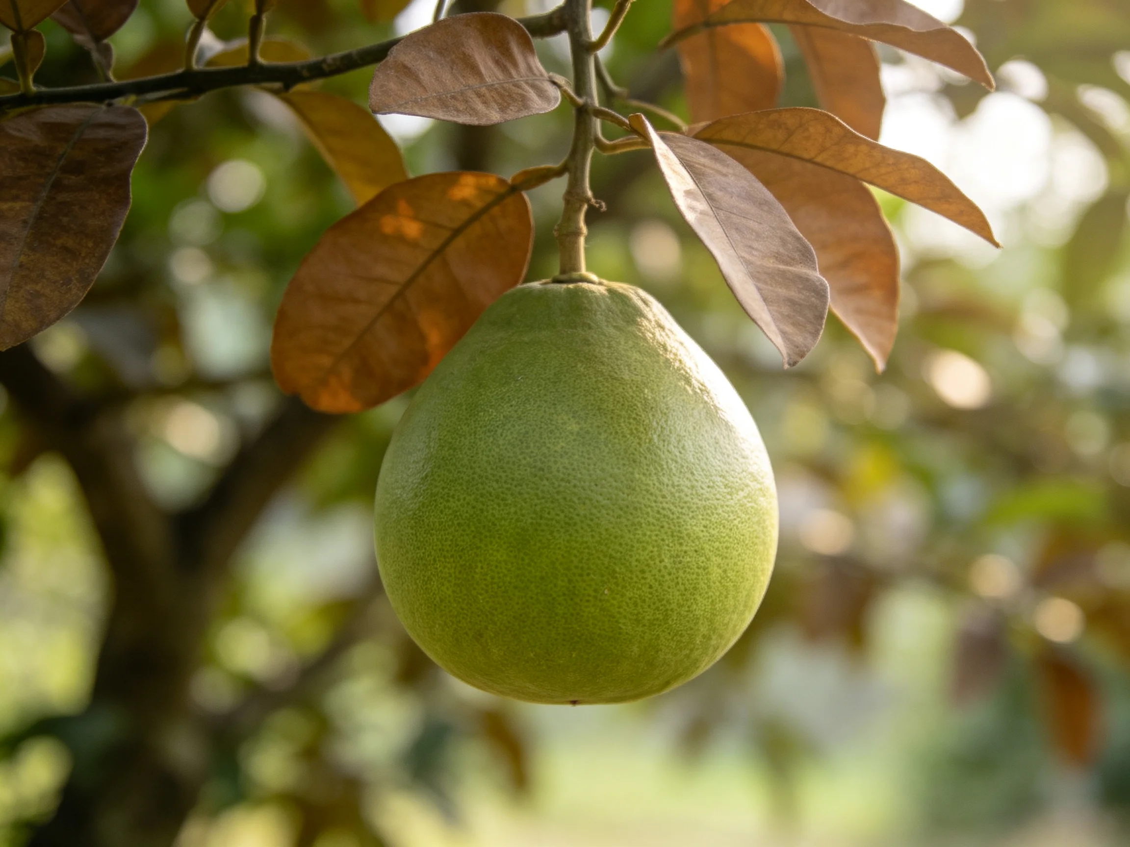 A large green citrus fruit hangs from a tree with brown leaves.