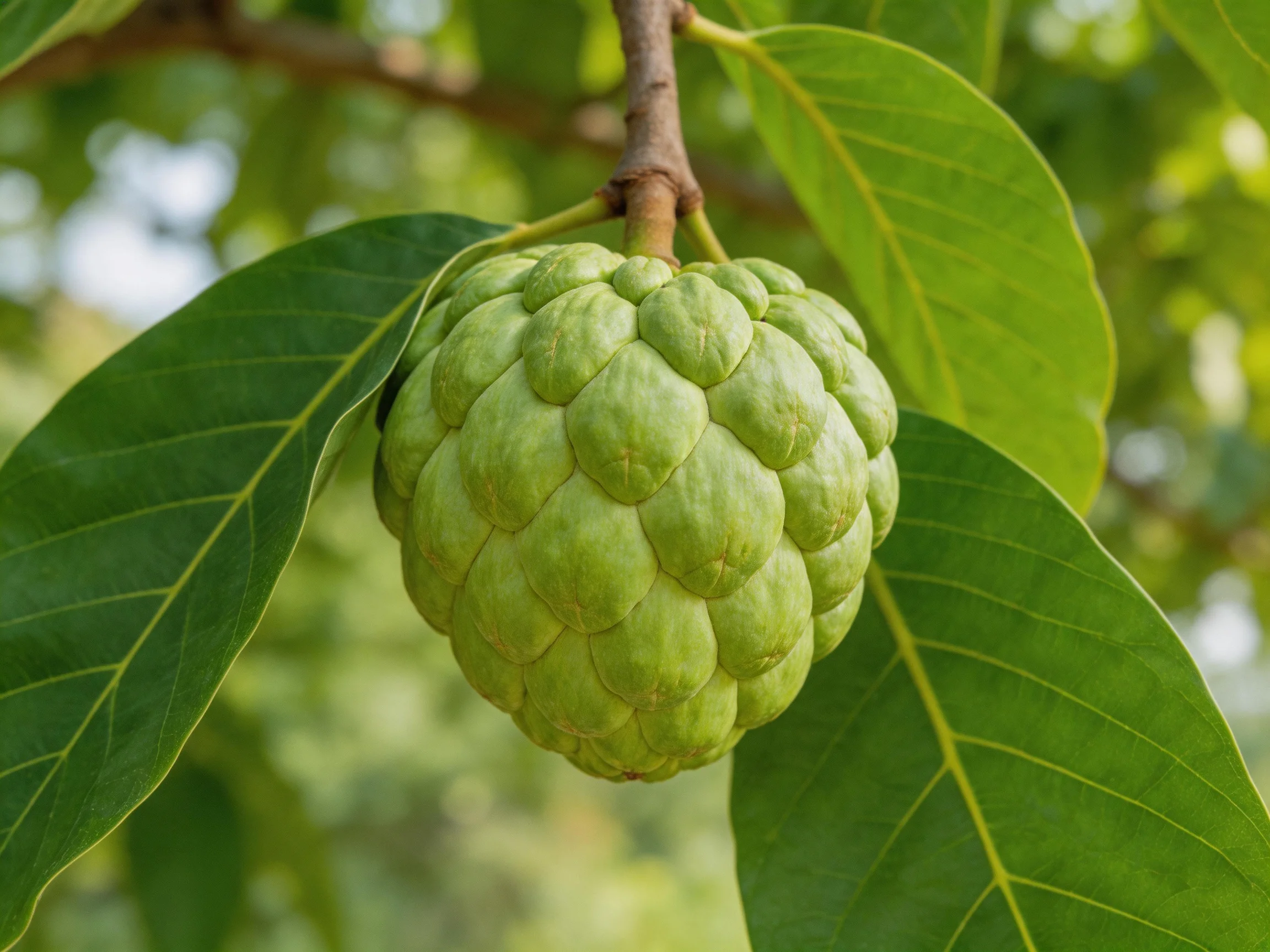 A large green custard apple hangs among broad leaves on a tree.