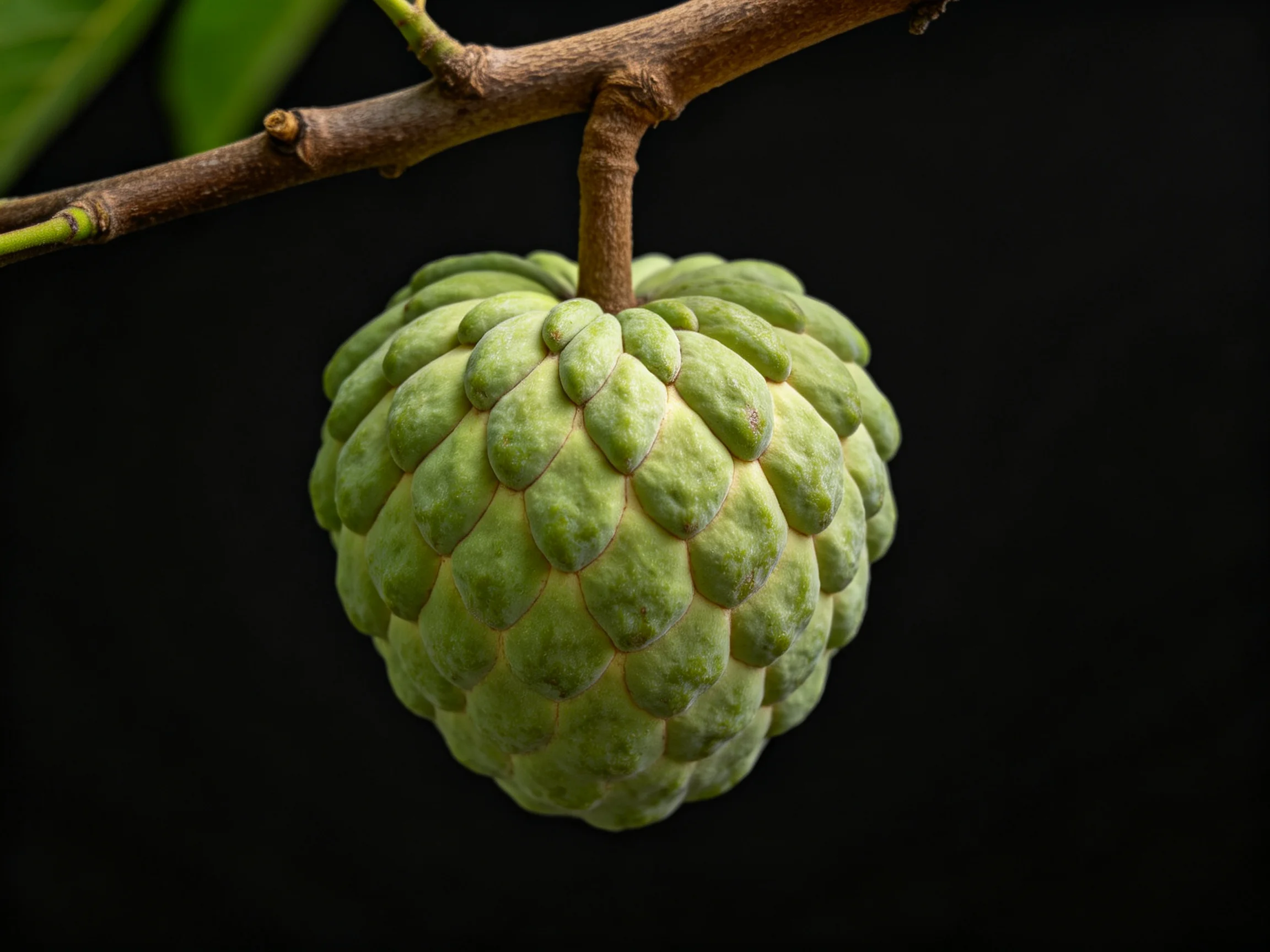 A large green custard apple hangs from a brown tree branch
