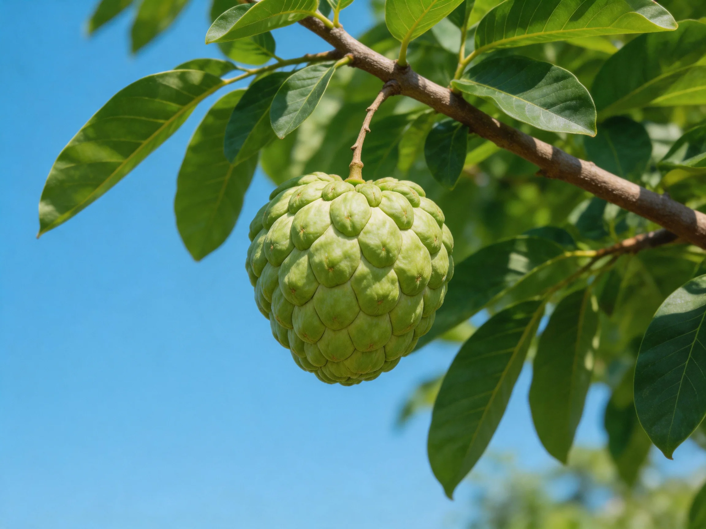 A large green custard apple hangs from a tree branch with broad leaves