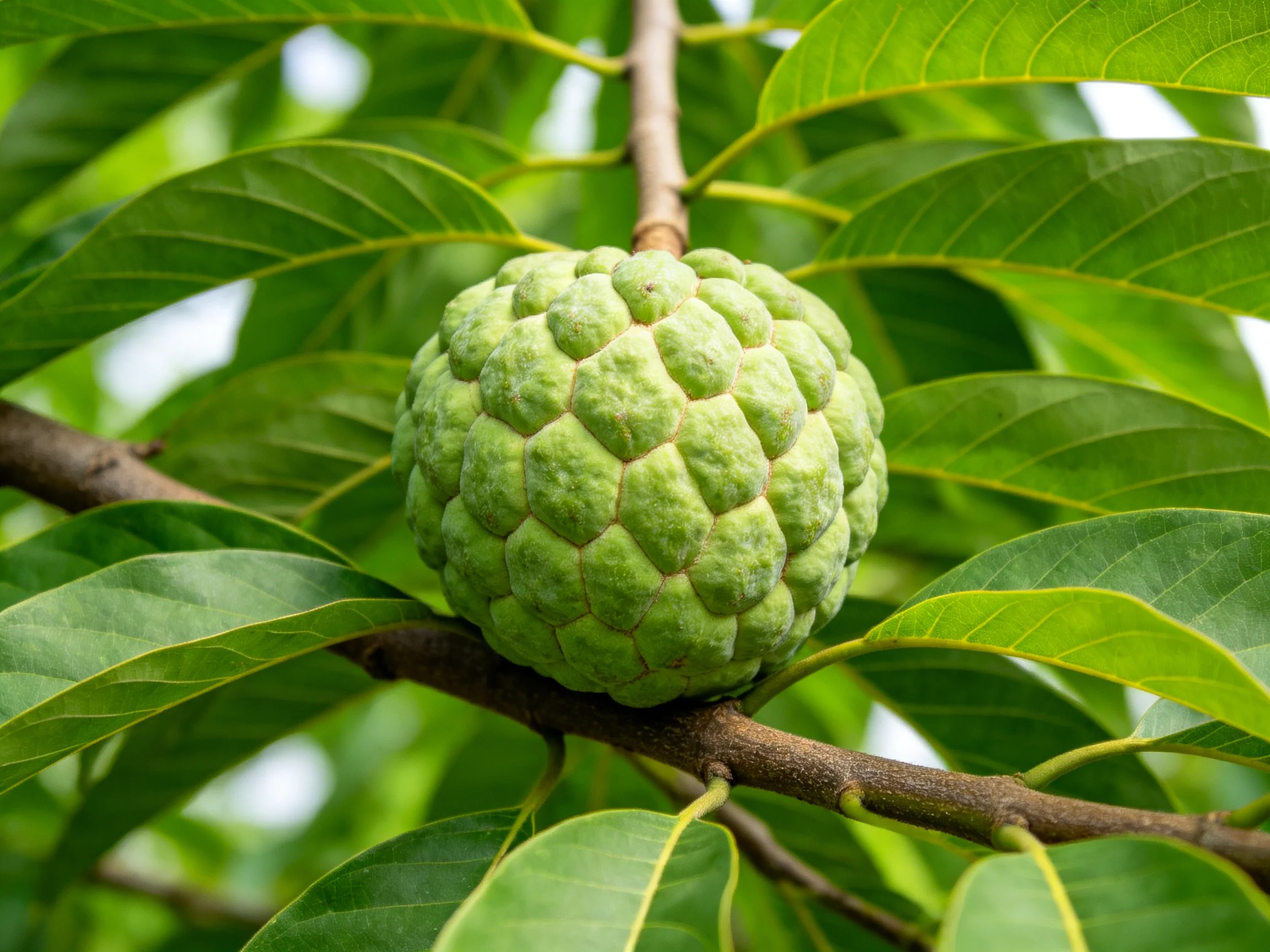 A large green custard apple with textured skin hangs among broad leaves