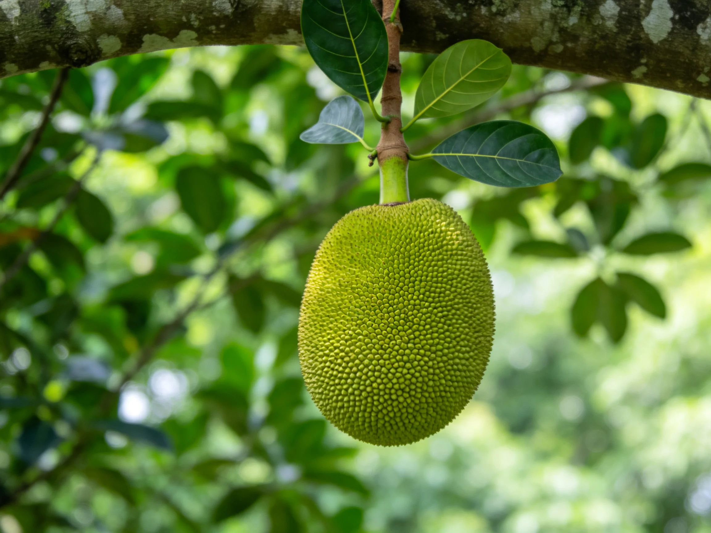 A large green jackfruit hangs from a tree branch amid lush foliage