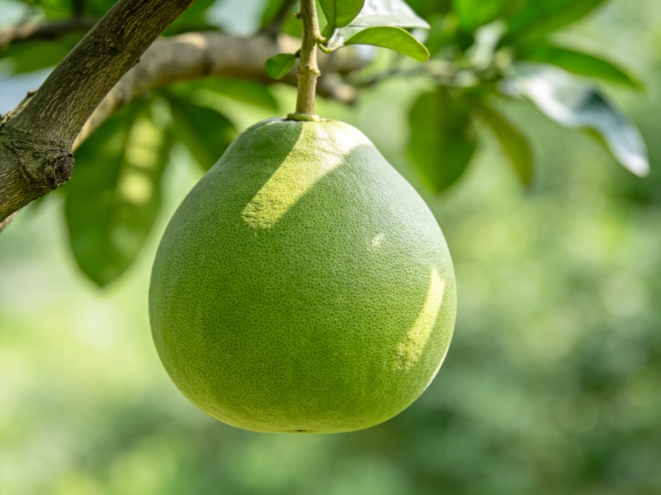 A large green pomelo hangs from a tree branch