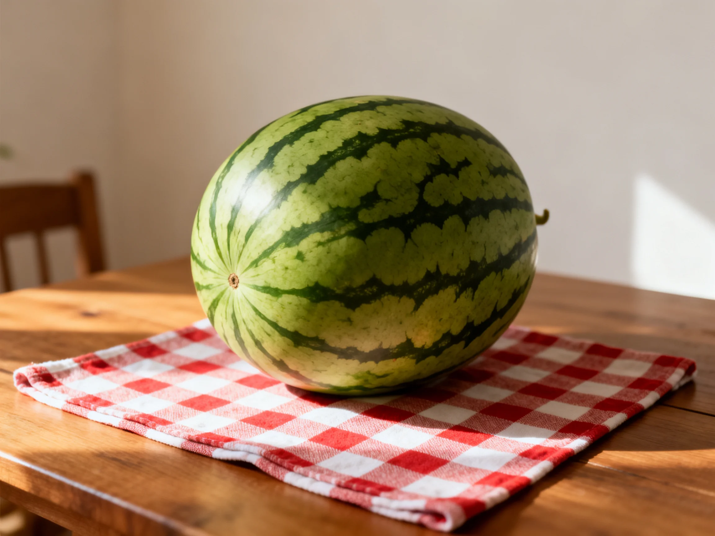 A large green-striped watermelon sits on a red-and-white checkered cloth on a wooden table.