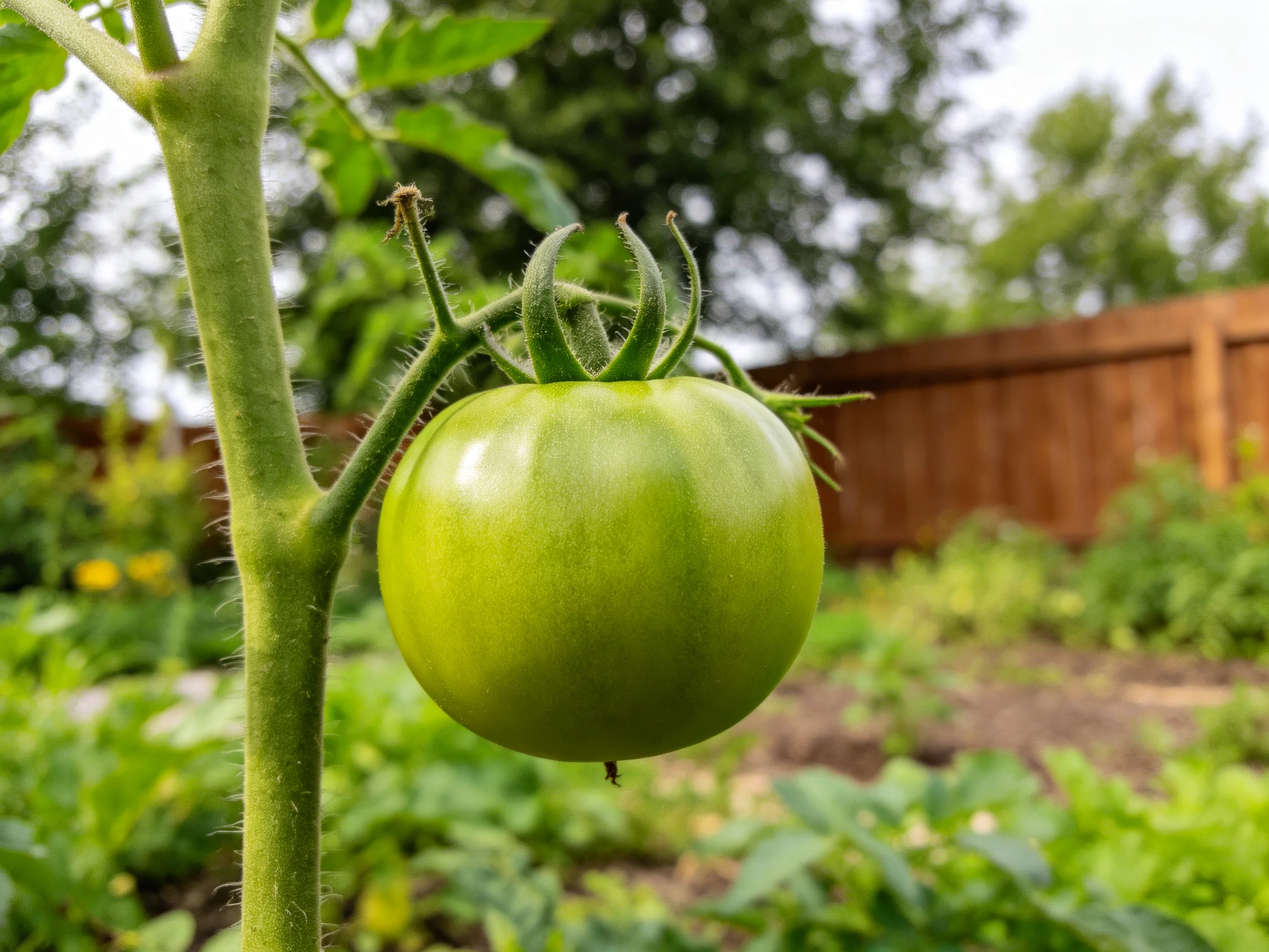 A large green tomato hangs from a plant in a lush garden