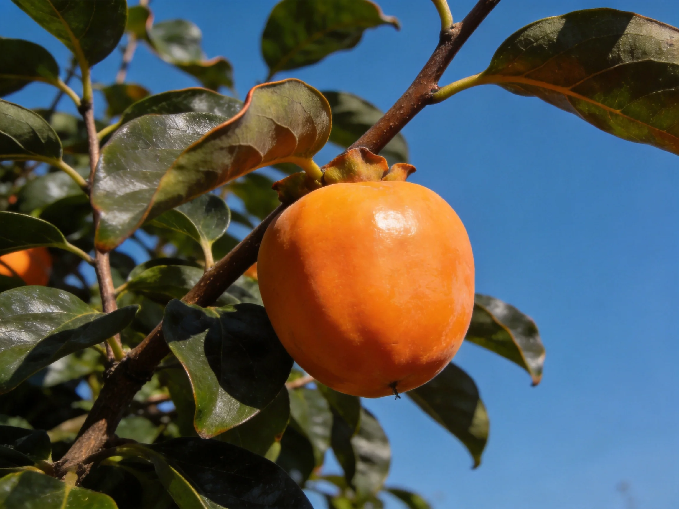 A large orange persimmon grows on a tree branch with green leaves