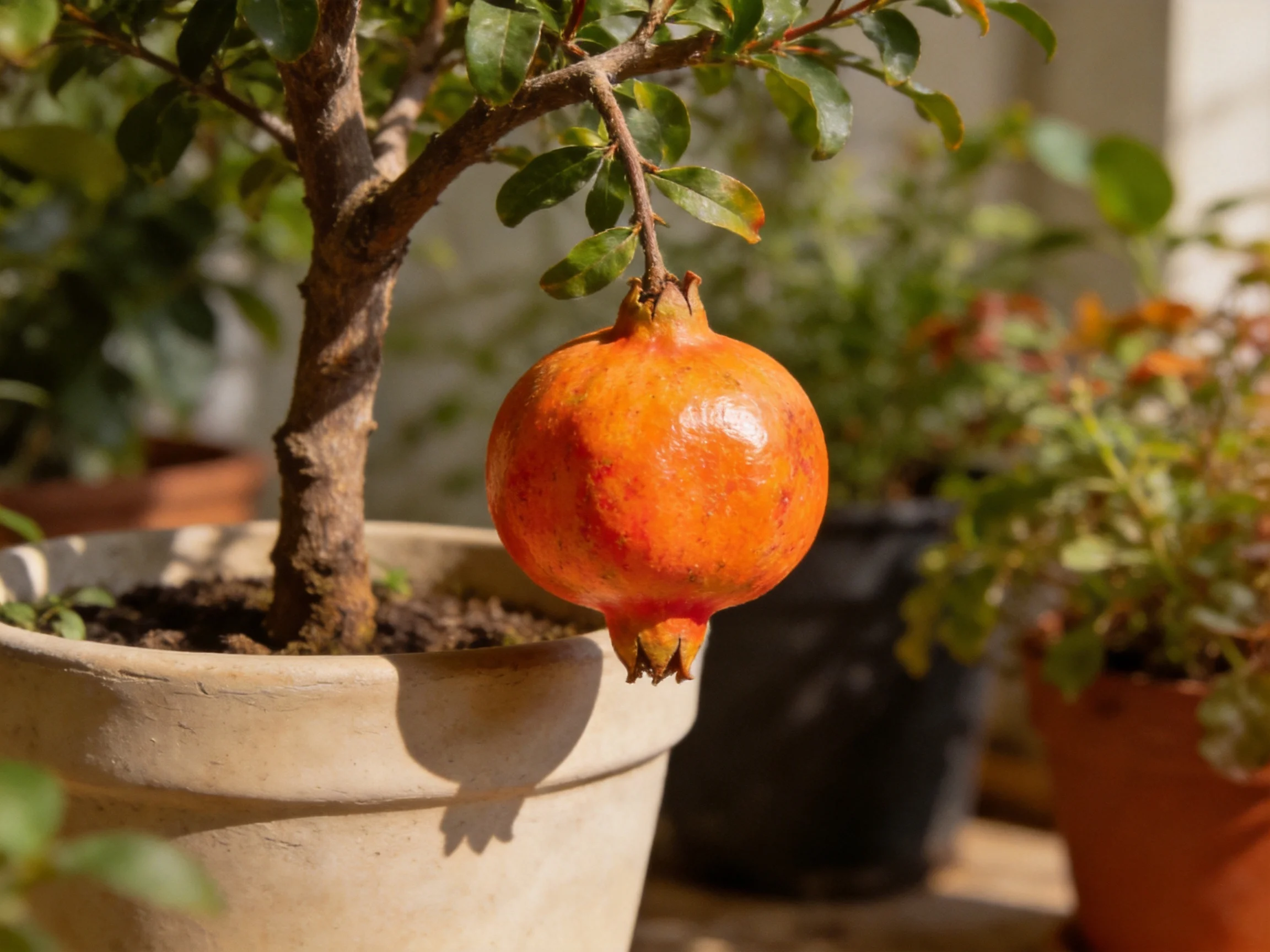 A large orange pomegranate grows on a small tree in a beige planter