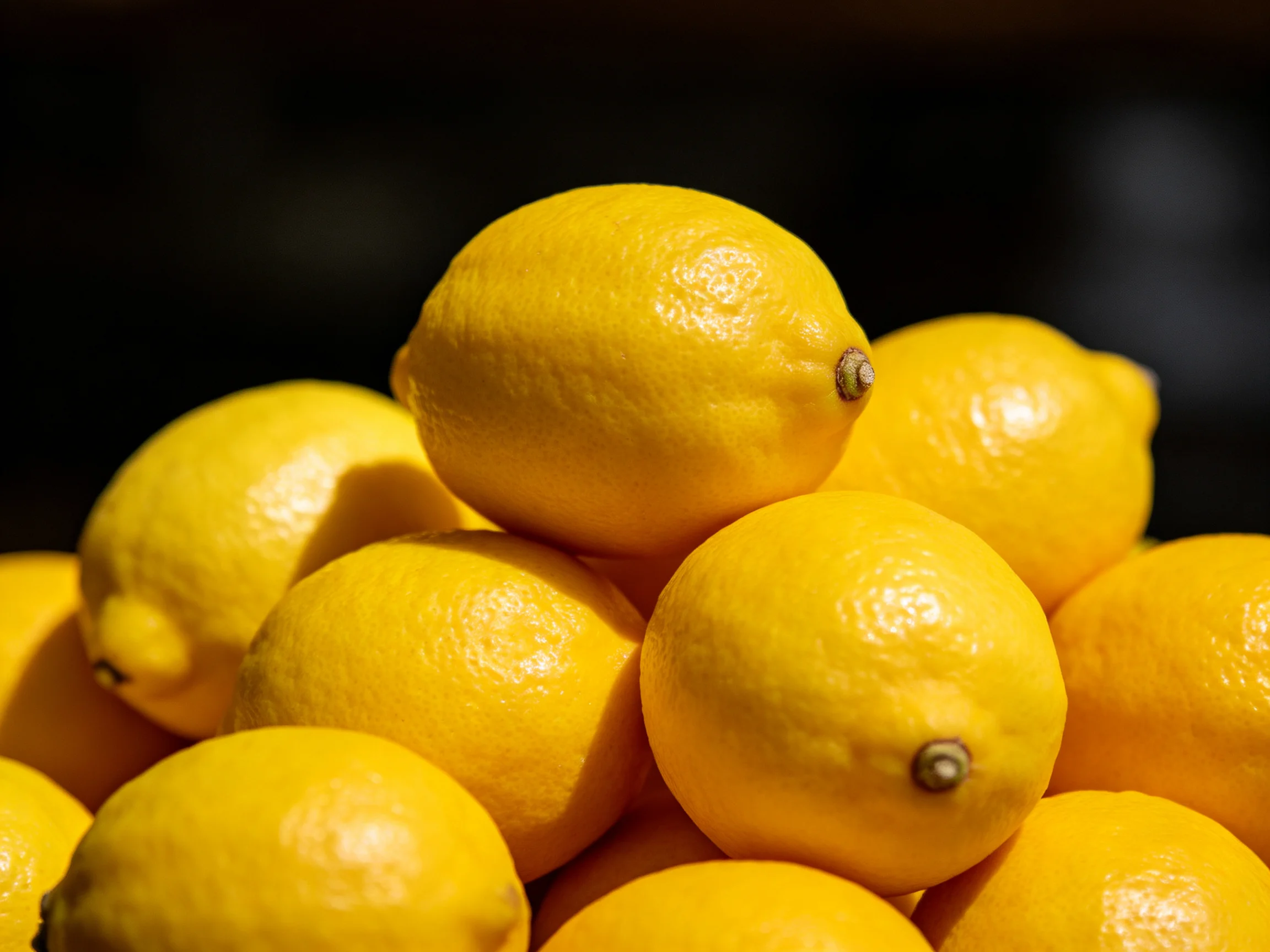 A large pile of bright yellow lemons stacked closely together