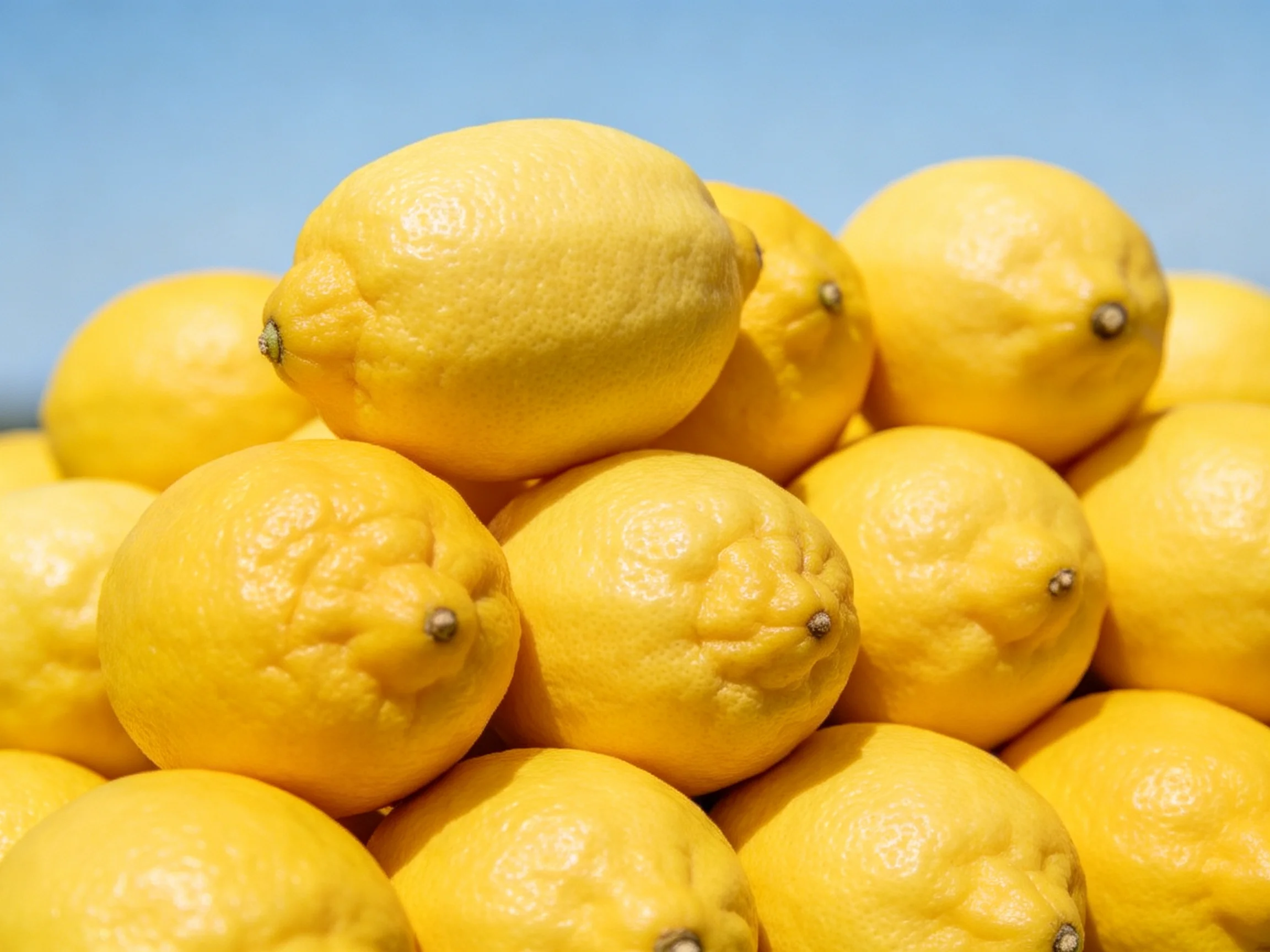 A large pile of bright yellow lemons stacked outdoors under a clear blue sky