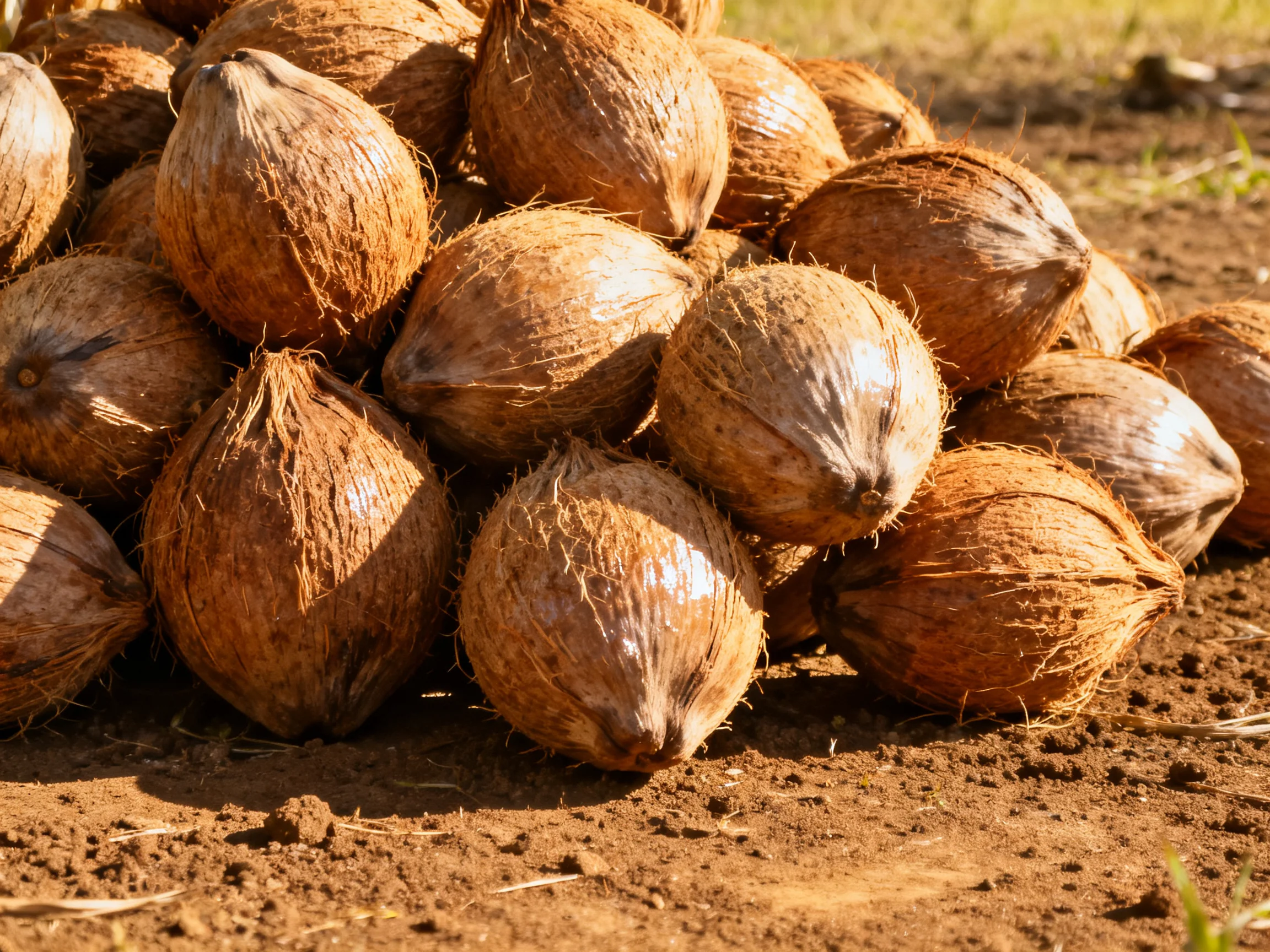 A large pile of brown coconuts arranged on earthy ground