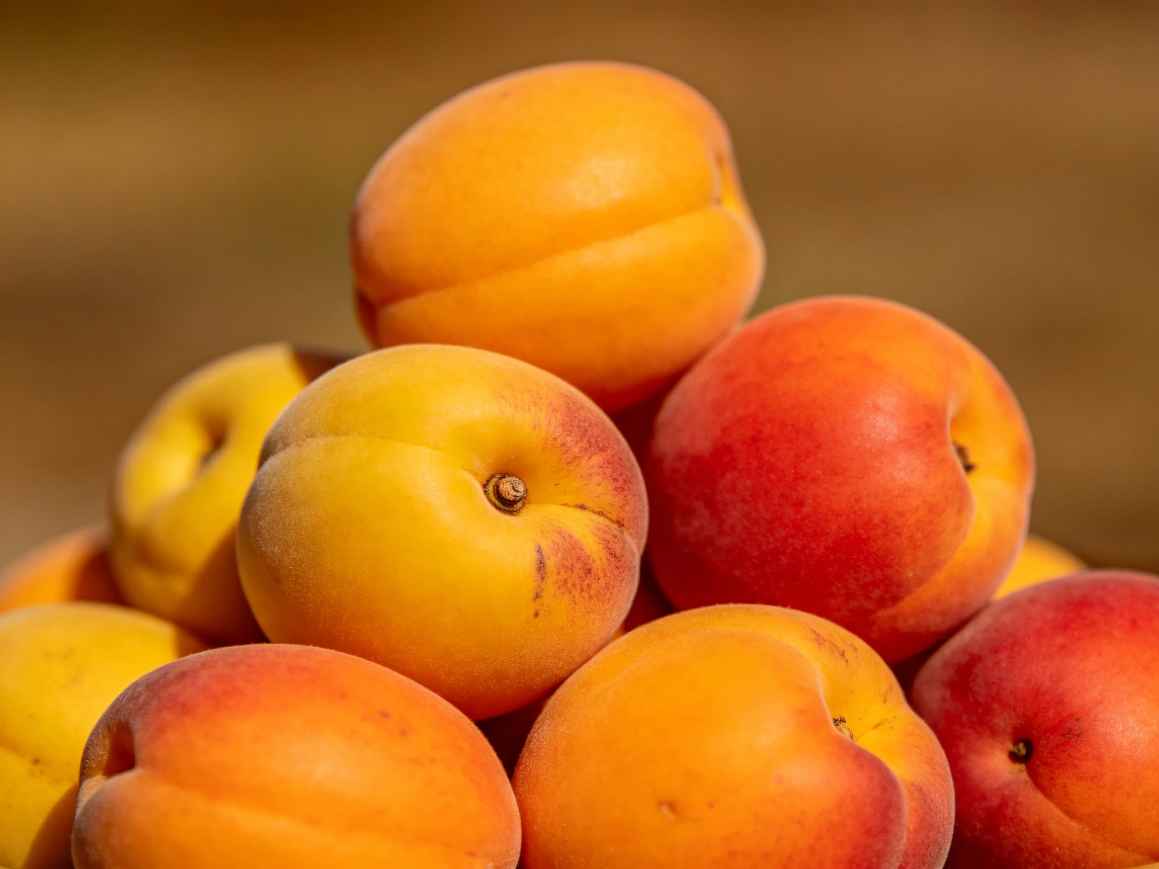 A large pile of colorful apricots in orange, yellow, and red
