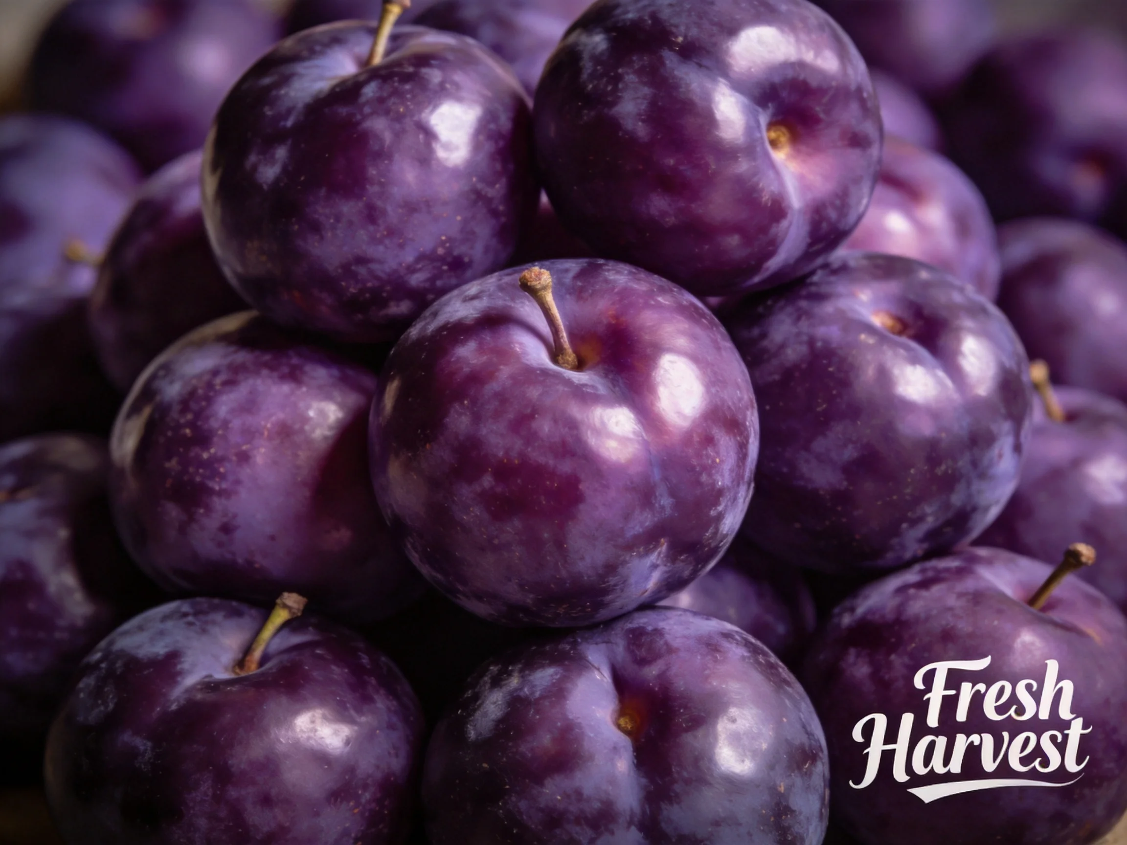 A large pile of deep purple plums with glossy skin