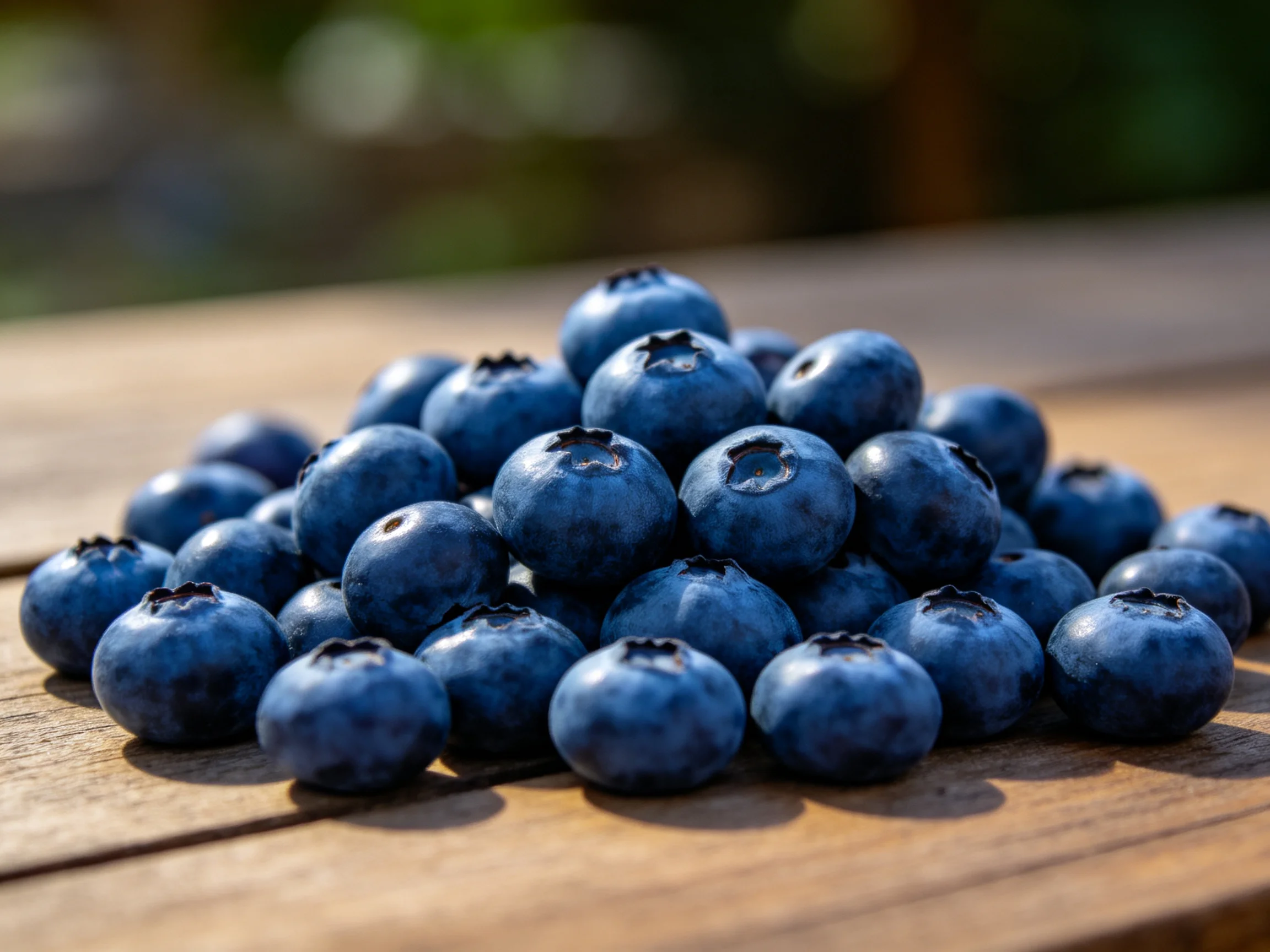 A large pile of fresh blueberries on a wooden table