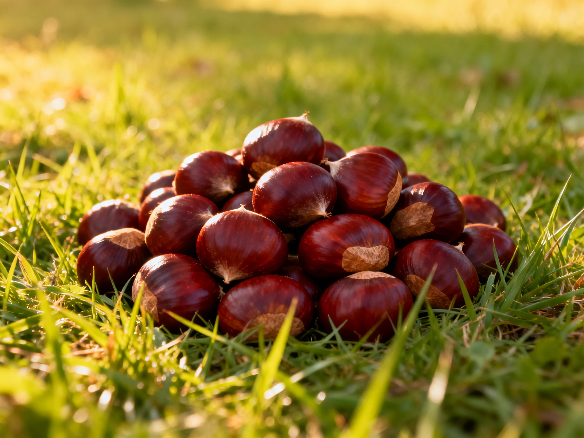 A large pile of glossy brown chestnuts rests on lush green grass